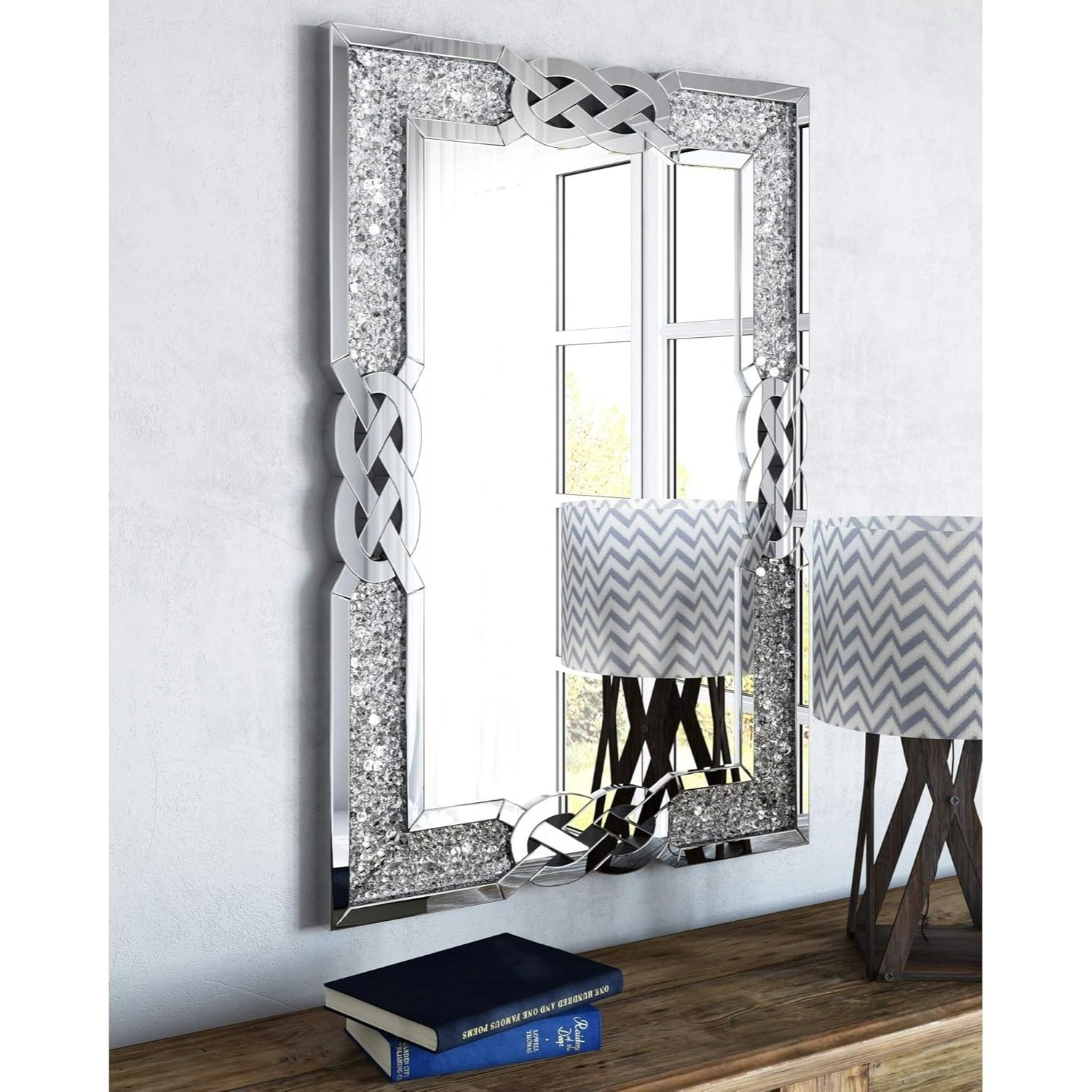 Image of For Wall Decor, 90x60cm Rectangle Crush Diamond Silver Mirrors For Living Room Bathroom Bedroom Entryway Dining Room Wall Christmas Decoration