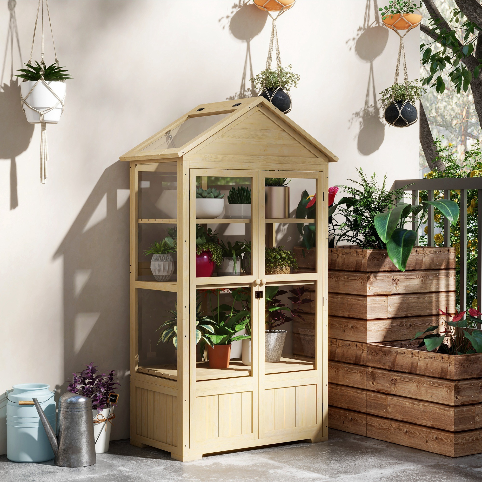 Image of Outsunny Wooden Cold Frame Lockable Greenhouse Greenhouse With , Roof Window, Cold Frame Box With Double Door, For Garden, Balcony, Nature, X 56.5 X 178 Cm