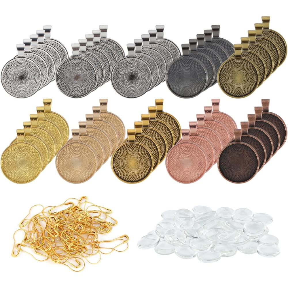 

Lot de 50 cabochons ronds pour pendentifs, avec cadre en métal et cabochons en verre de 25 mm, 10 couleurs, ensemble de cabochons pour bijoux DIY, , porte-clés, médaillons