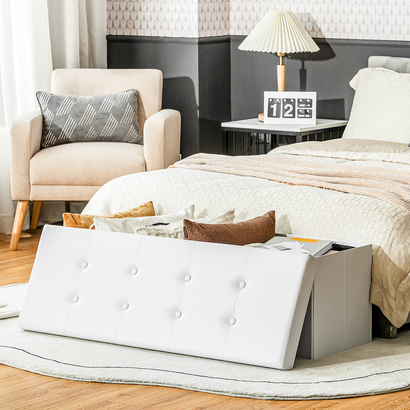 TEMU Costway Foldable Storage Ottoman Bench, Tufted Leather Large Storage Chest With Divider, 160l Storage Capacity, To 300kg, Footrest Stool, Shoe
