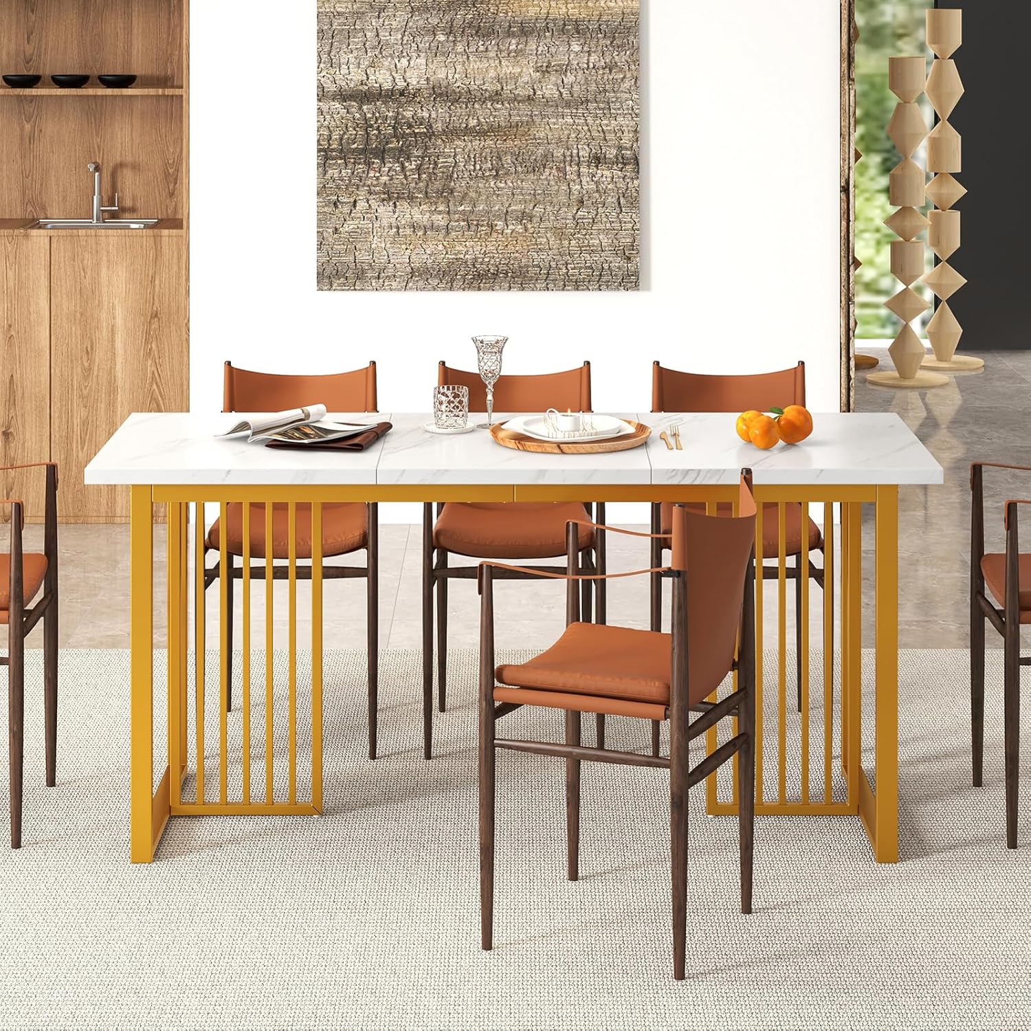 Image of Wooden Dining Table, 160 X 60 Cm, Rectangular Kitchen Table With Marble Look And Metal Legs, Dining Table For 6-8 People, Large Table For Dining Room, Living Room, Restaurant, White+gold