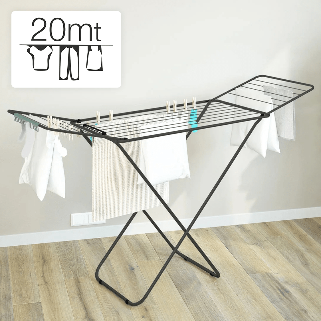 TEMU Corde à linge pliante en métal avec ailes et cadre léger, 20 mètres de surface de séchage, résistante au soleil et aux intempéries - Dekohome