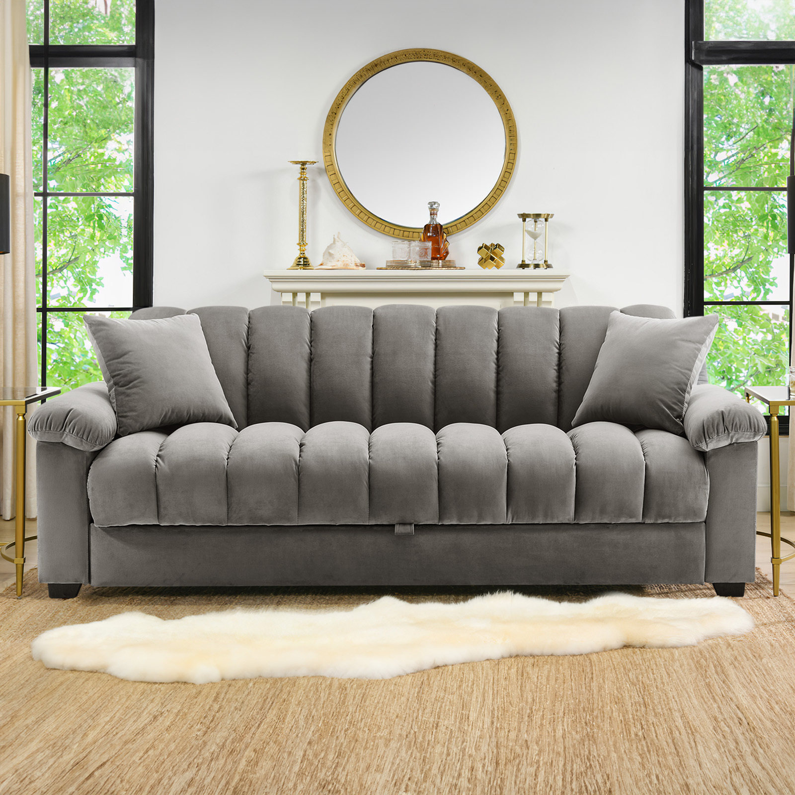 TEMU 3/4 Seater Sofa Bed With Storage, Grey Velvet Upholstered Convertible Sofa Bed, Modern & Luxurious Couch With Thicken Cushions, 3 Adjustable