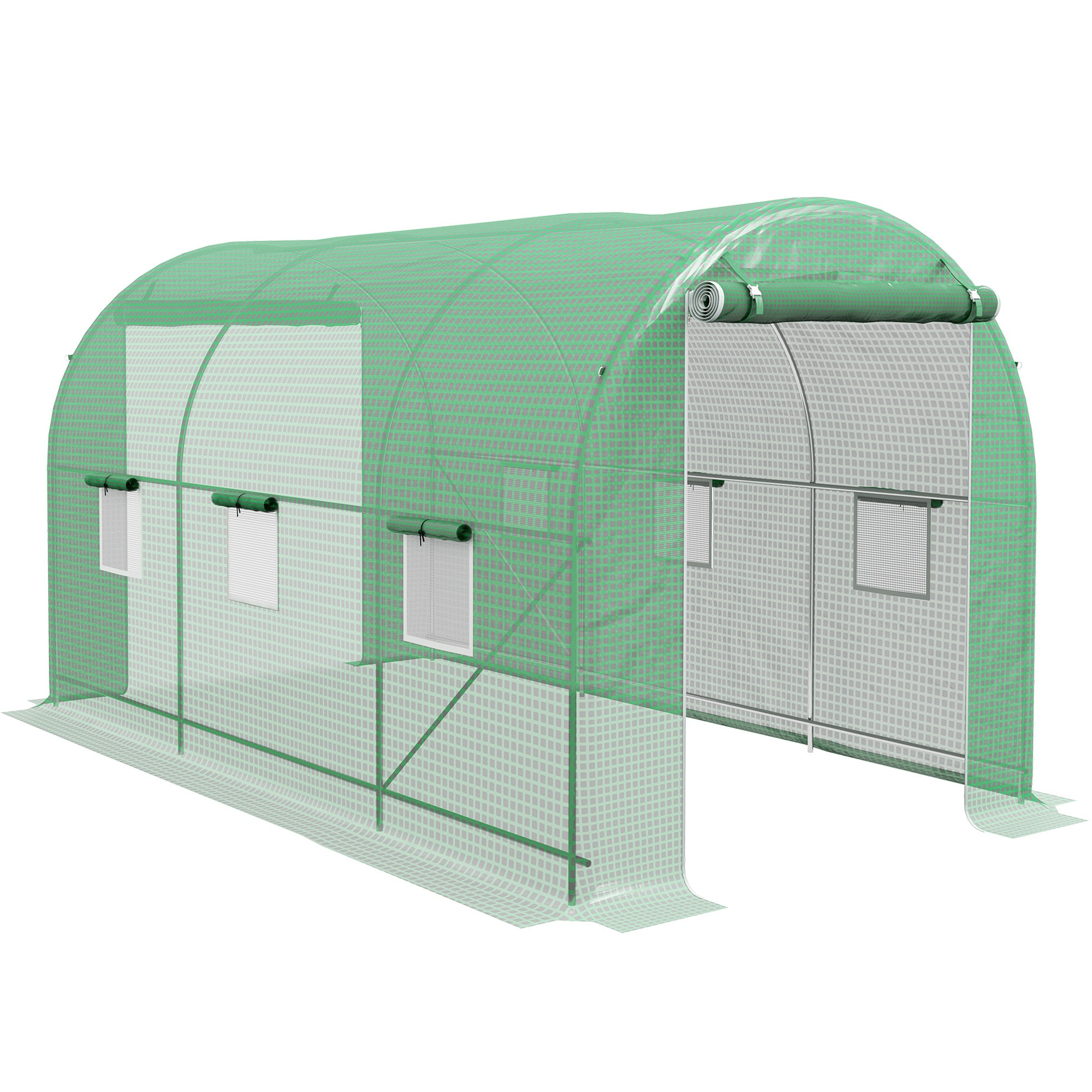 E-shop Outsunny Gartentunnel-Gewächshaus für Tomaten, Bodenfläche 8 m², 4L x 2l x 2,05H m, verstärkter Rohrrahmen, Doppelzugangstür, 6 Roll-up-Fenster,