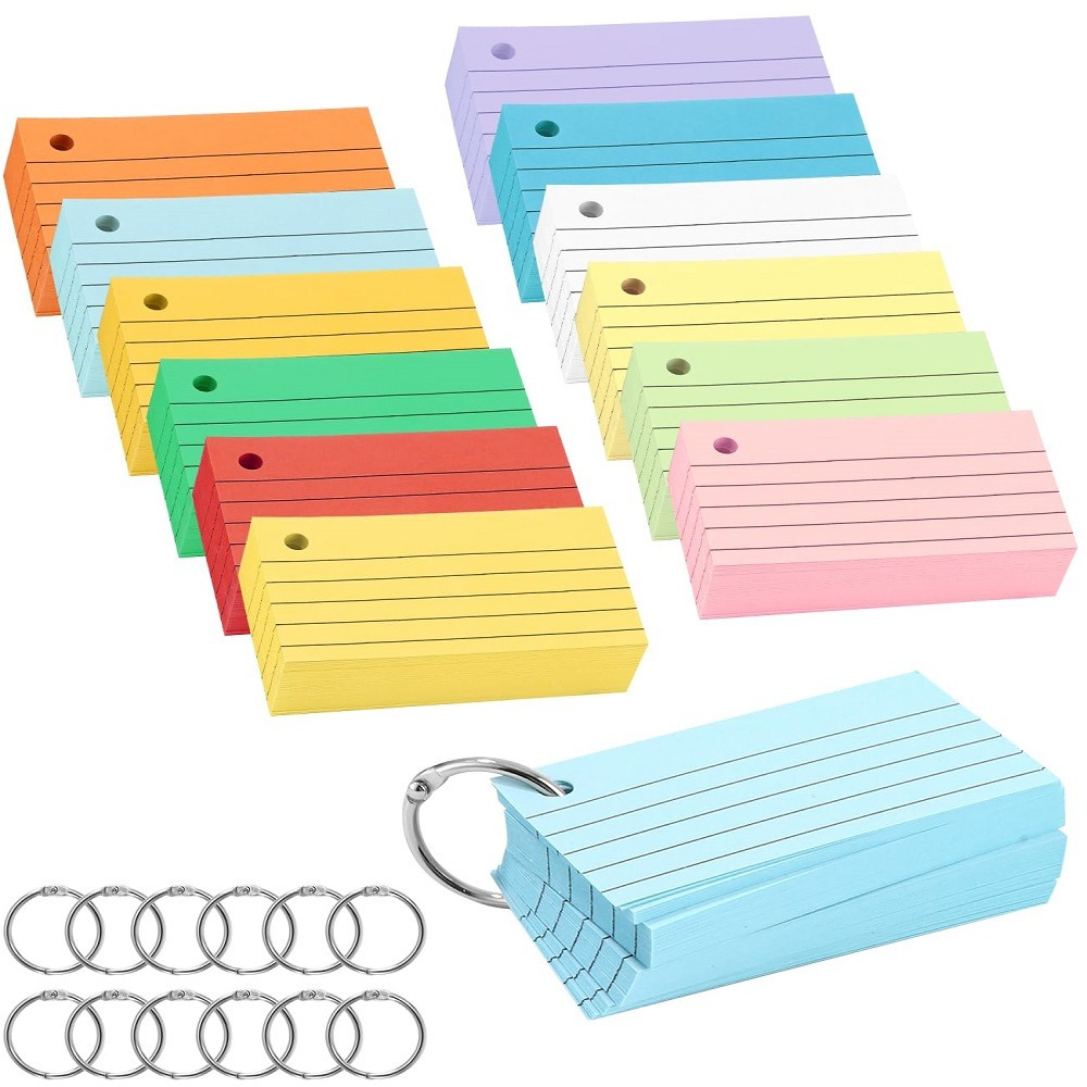 

Pack Of 1200 Index Cards, Lined Flash Cards, Cards, Colourful With 12 Binder Rings, Index Cards For Learning, Notes, Lined Index Cards For , School, Office, Home