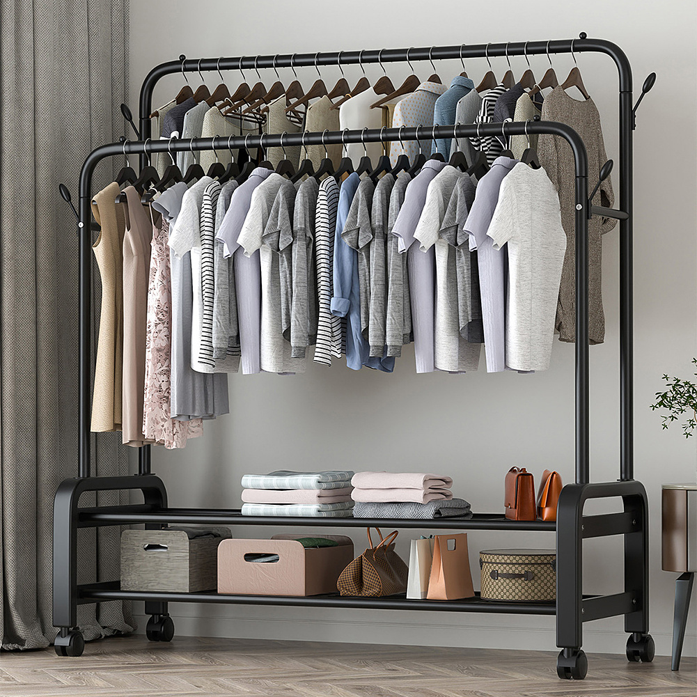 TEMU 1pc Clothes Rail Rack With 2-tier Lower Storage Shelf, Heavy Duty Metal Clothes Rack On Wheels, Multifunctional Clothes Rack With Double Hanging