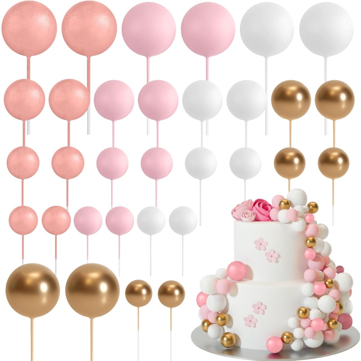 

32 Pieces Cake Decoration Balls Cake Topper, Mini Balloons Cake Toppers For Wedding Party Baby Shower Birthday Cake Decorating (rose Gold, Pink)