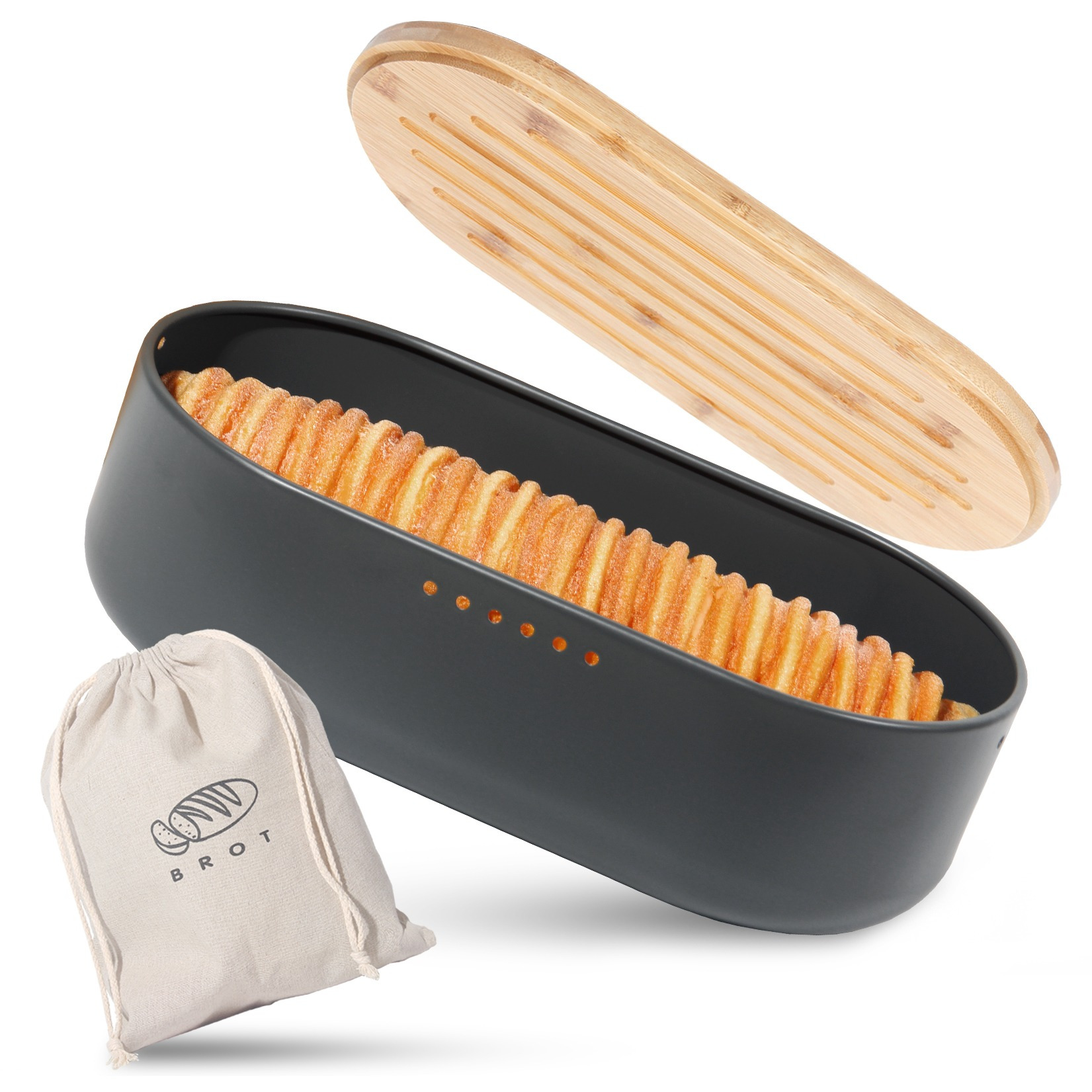 

Bread Box, Metal Bread Box With Linen Bread Bag For Long-, Bread Container With High-quality Bamboo Lid Usable As A Cutting Board, Bamboo Lid Thickness 1.8 Cm