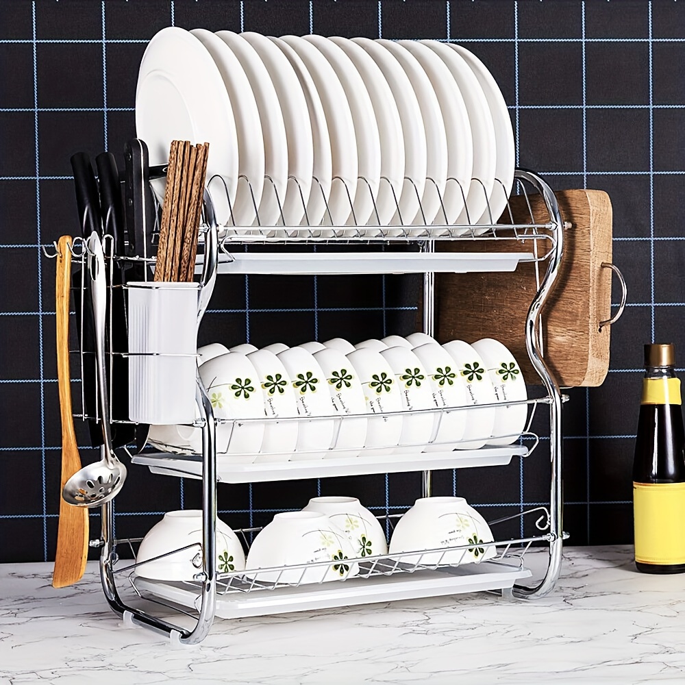 3 tier dish drainer rack with drip tray stainless steel dish drying rack with chopstick holder knife holder removable chopsticks knives cutting board holder with base clips for kitchen white details 0