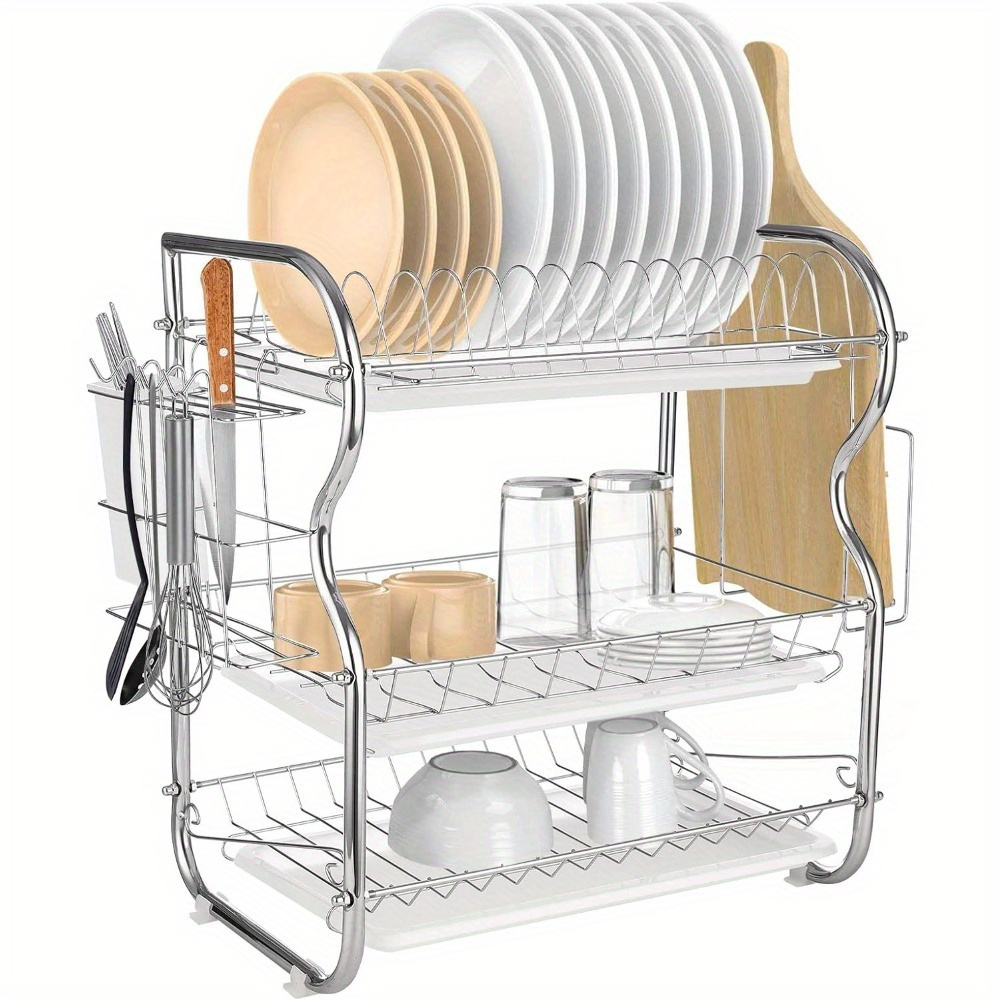 3 tier dish drainer rack with drip tray stainless steel dish drying rack with chopstick holder knife holder removable chopsticks knives cutting board holder with base clips for kitchen white details 1