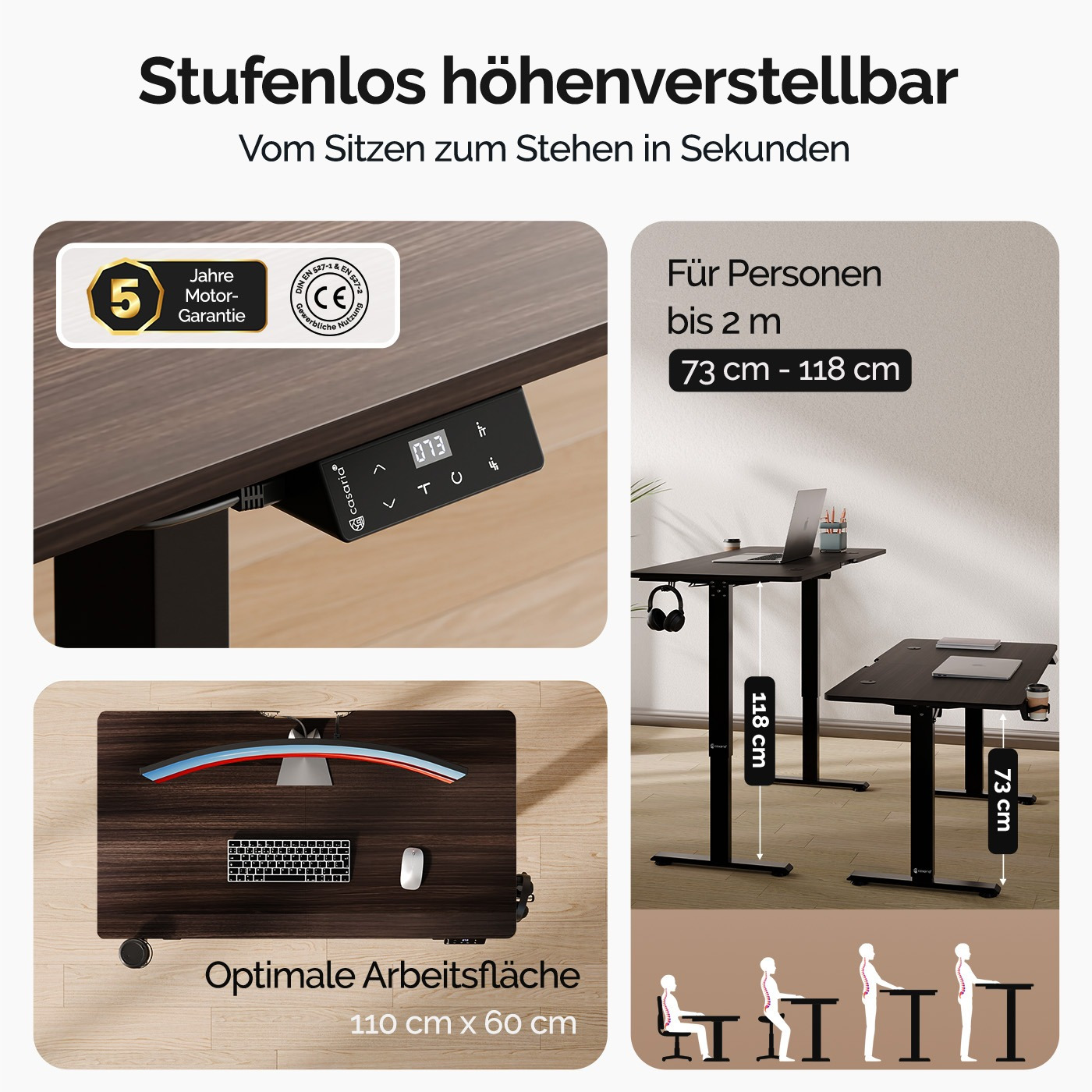 Elektrischer Schreibtisch 110cm-Höhenverstellbar-Braun