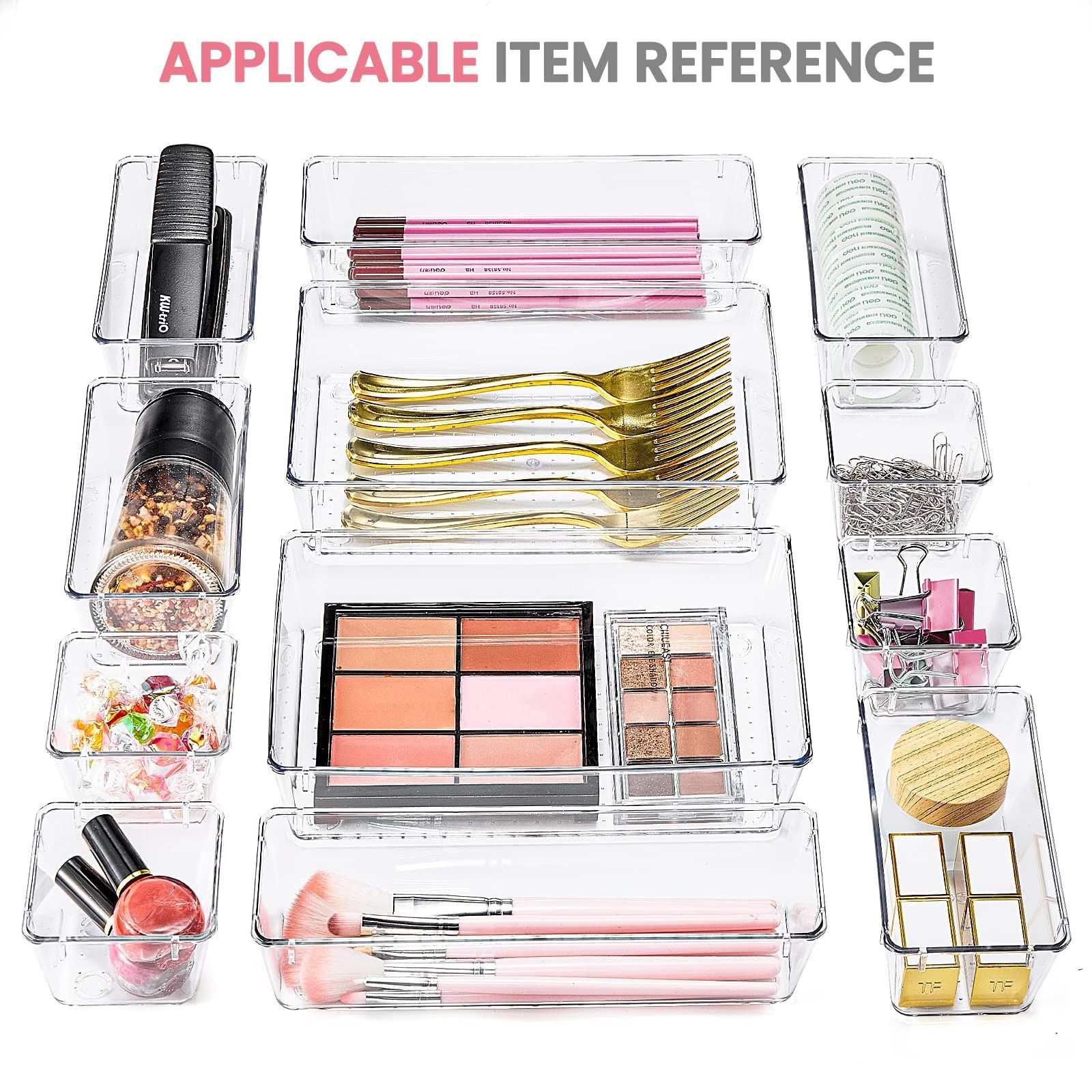 E-shop 17 Stück Schubladen Organizer mit 4 Größen, Schminktisch Organizer für Makeup, Küchen, Bad, Büro