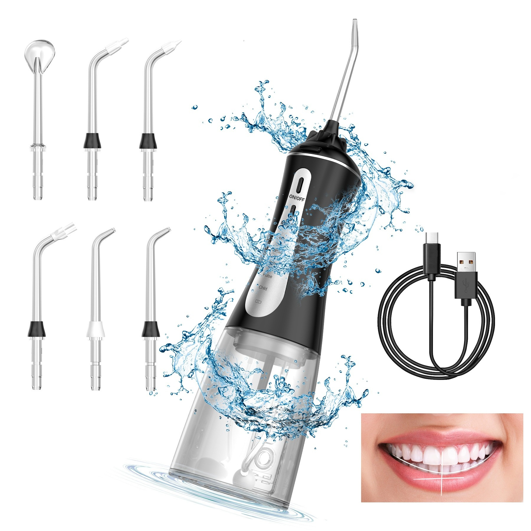 

350ml Cordless Water Flosser, Effective Plaque Removal And Protective Gear Care, 6 Jet Tips & 5 Pressure , Rechargeable Powerful Oral Irrigator For