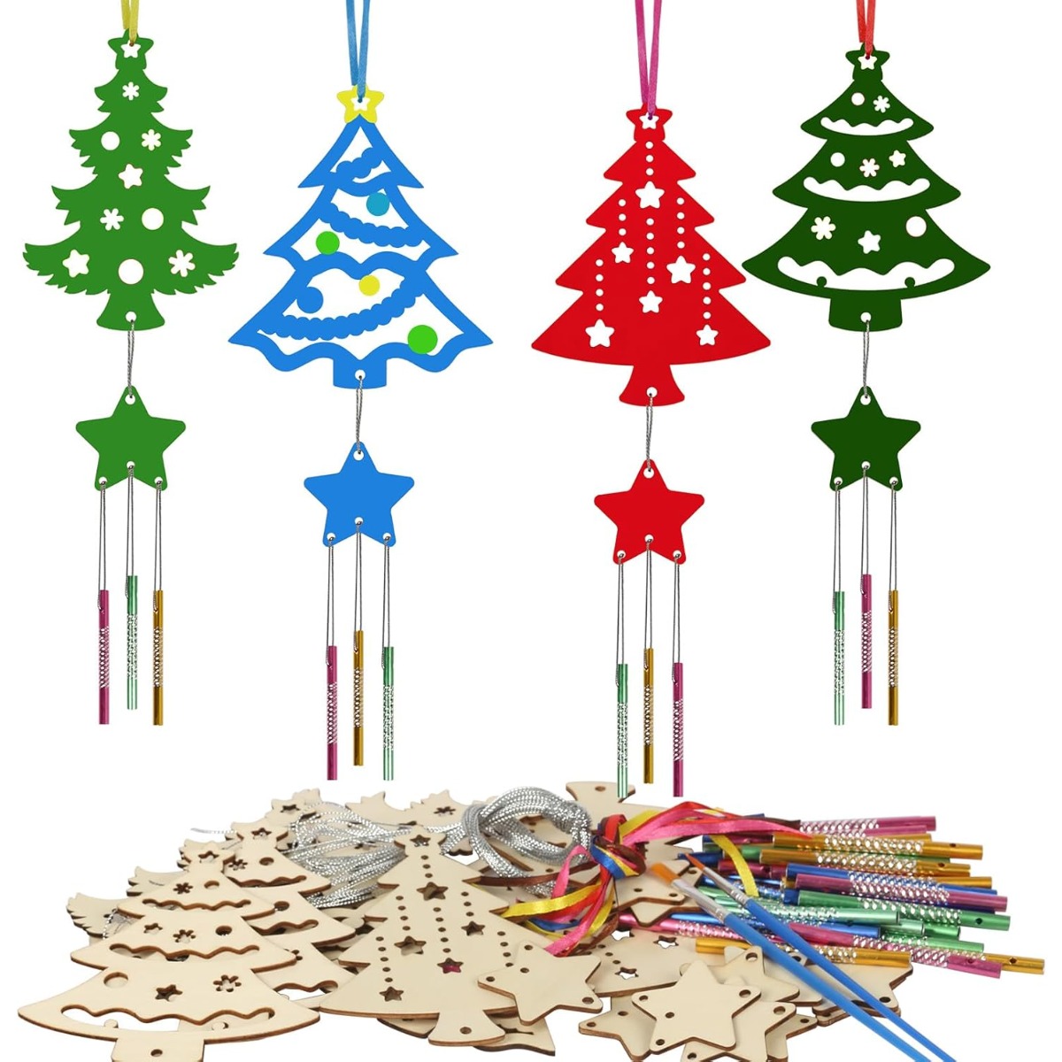 

12 Pieces Christmas Tree Wind Chime Craft Kit Wooden Hollow For Christmas Tree Wind Chime Set Christmas Crafting Kids Wooden Christmas Decoration For Girls Boys Christmas