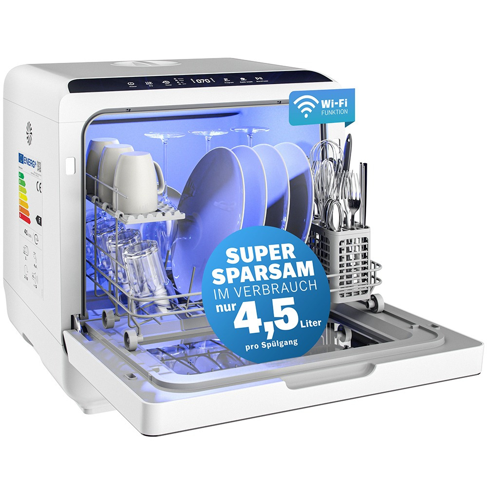 E-shop Tischspülmaschine ohne Wasseranschluss App Funktion sparsamer Verbrauch 4.5L 6 Programme 4 Gedecke 45cm Mini Geschirrspüler Spülmaschine Weiß