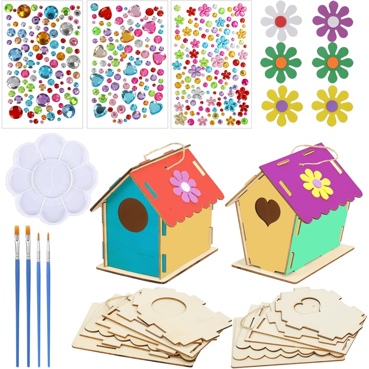 

2 Piece Birdhouse Diy Kit Wooden Birdhouse Creative Craft Set Bird House To Paint With Painting Tools Build Craft Wood Art For Girls Boys Birthday Spring Easter