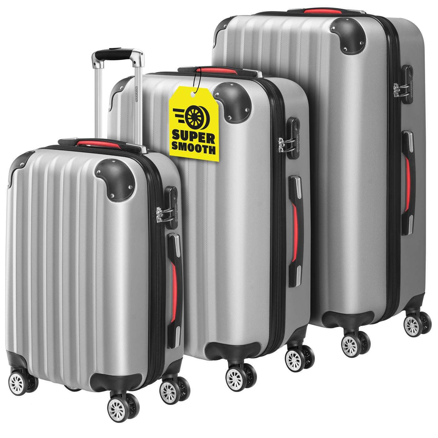 E-shop 3tlg. Kofferset Hartschalen Koffer M-L-XL Gel-Griffe 4 Rollen Kantenschutz Schloss Standfüße Trolley Rollkoffer Reisekoffer Silber