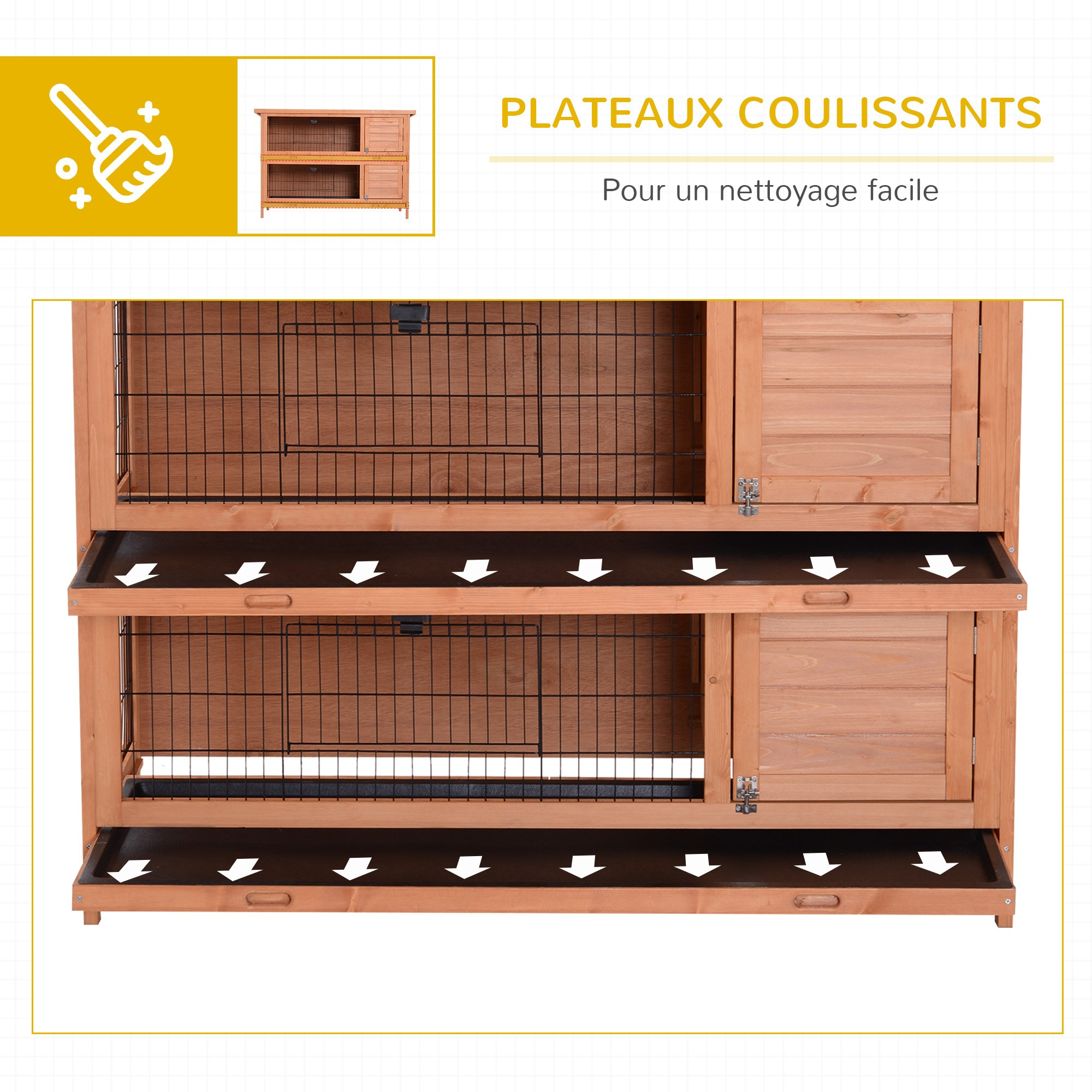 PawHut Rabbit Hopper on Legs Double Level Rabbit Cage with Sliding Droppings Trays 4 Lockable Doors Dim. 137L x 50W x 93H cm Solid Pine Wood Bitumen Green Roof