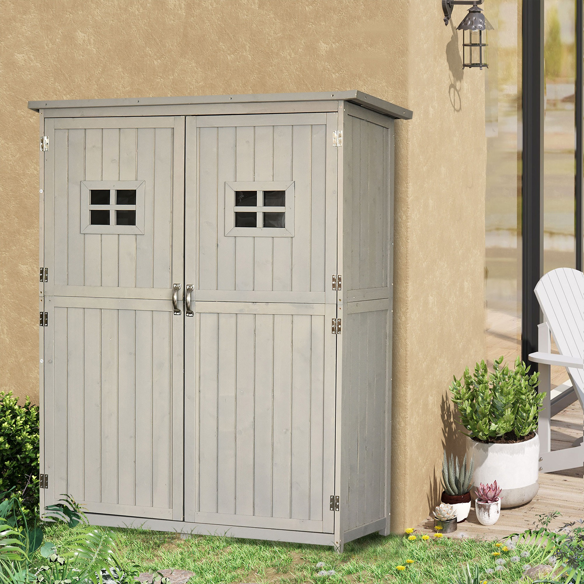 TEMU Outsunny Cobertizo de Madera Caseta Exterior Armario Herramientas de Jardinería Puertas Techo Impermeable Compartimientos de Diferentes Tamaños