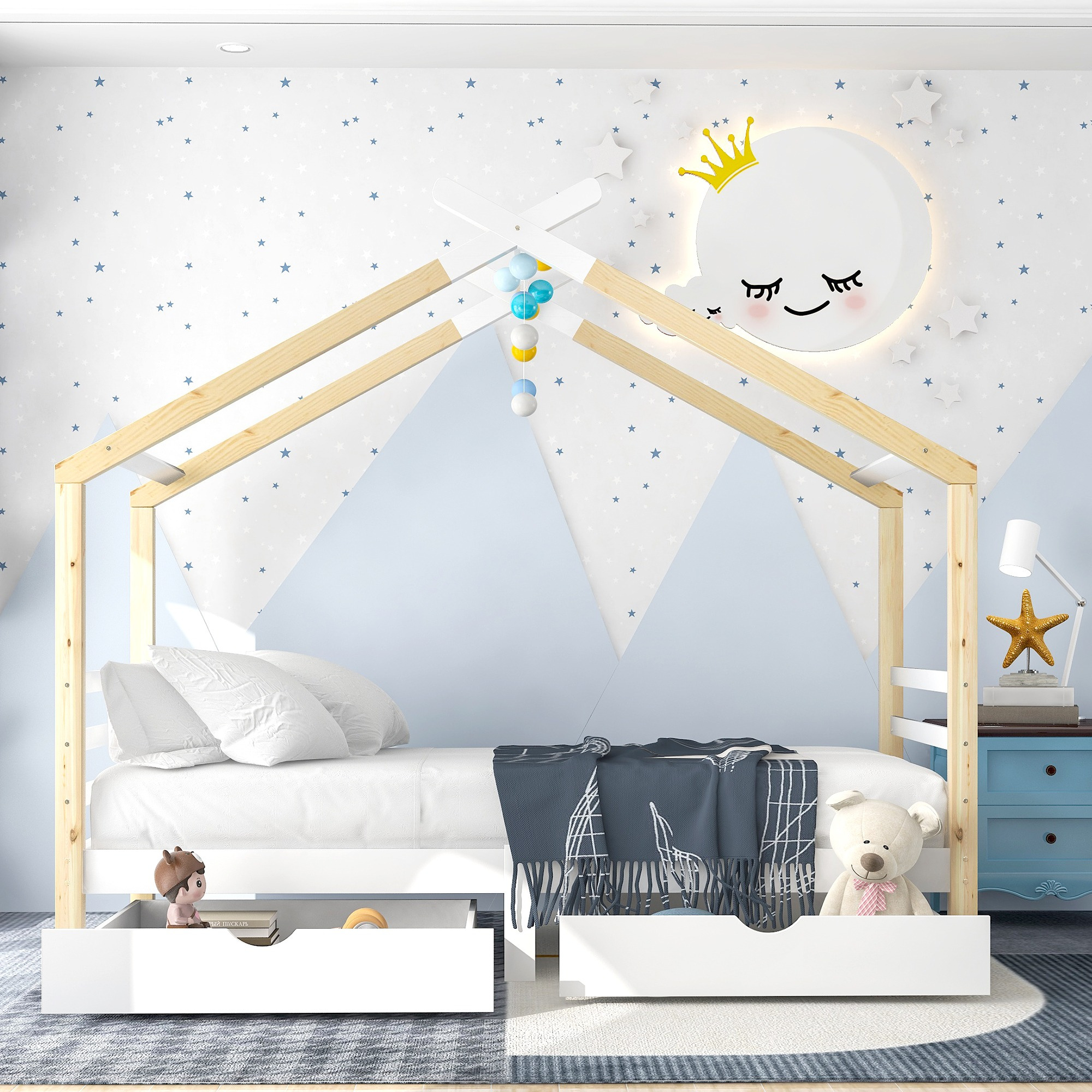 BTM Single Bed Frames Toddler Beds Storage Underneath 3FT Single Bed with Storage Solid Pine Wood House Tree Canopy Bed Toddler Bed (Wood)