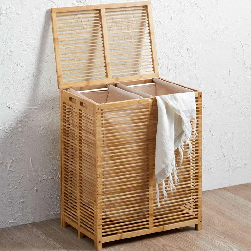 

Bakaji Bamboo Laundry Basket With Grey Fabric For Home Bathroom With 2 Compartments Space-saving Laundry Container With Lid And Removable Bag Dimensions 50 X 35 X 60 Cm