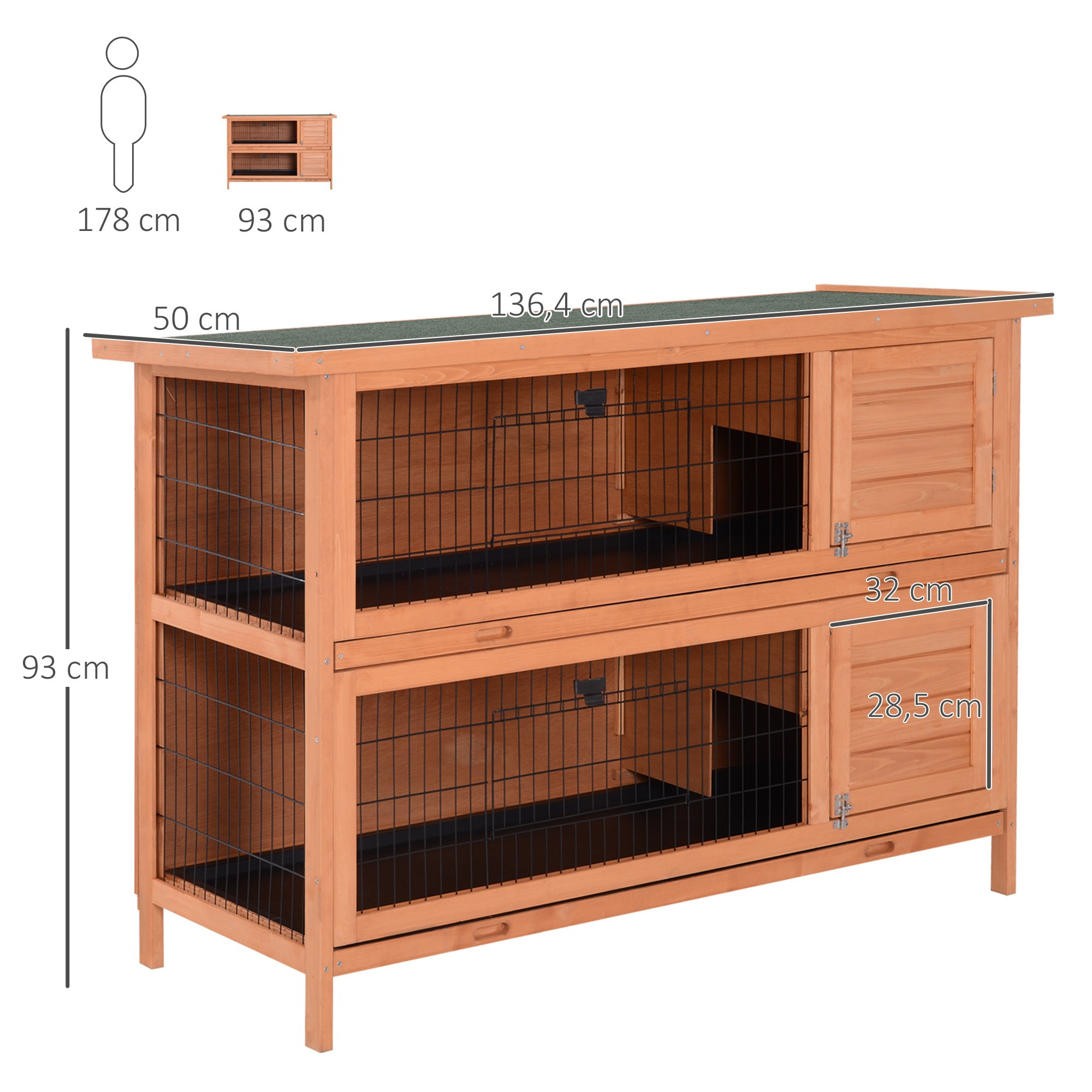 PawHut Rabbit Hopper on Legs Double Level Rabbit Cage with Sliding Droppings Trays 4 Lockable Doors Dim. 137L x 50W x 93H cm Solid Pine Wood Bitumen Green Roof