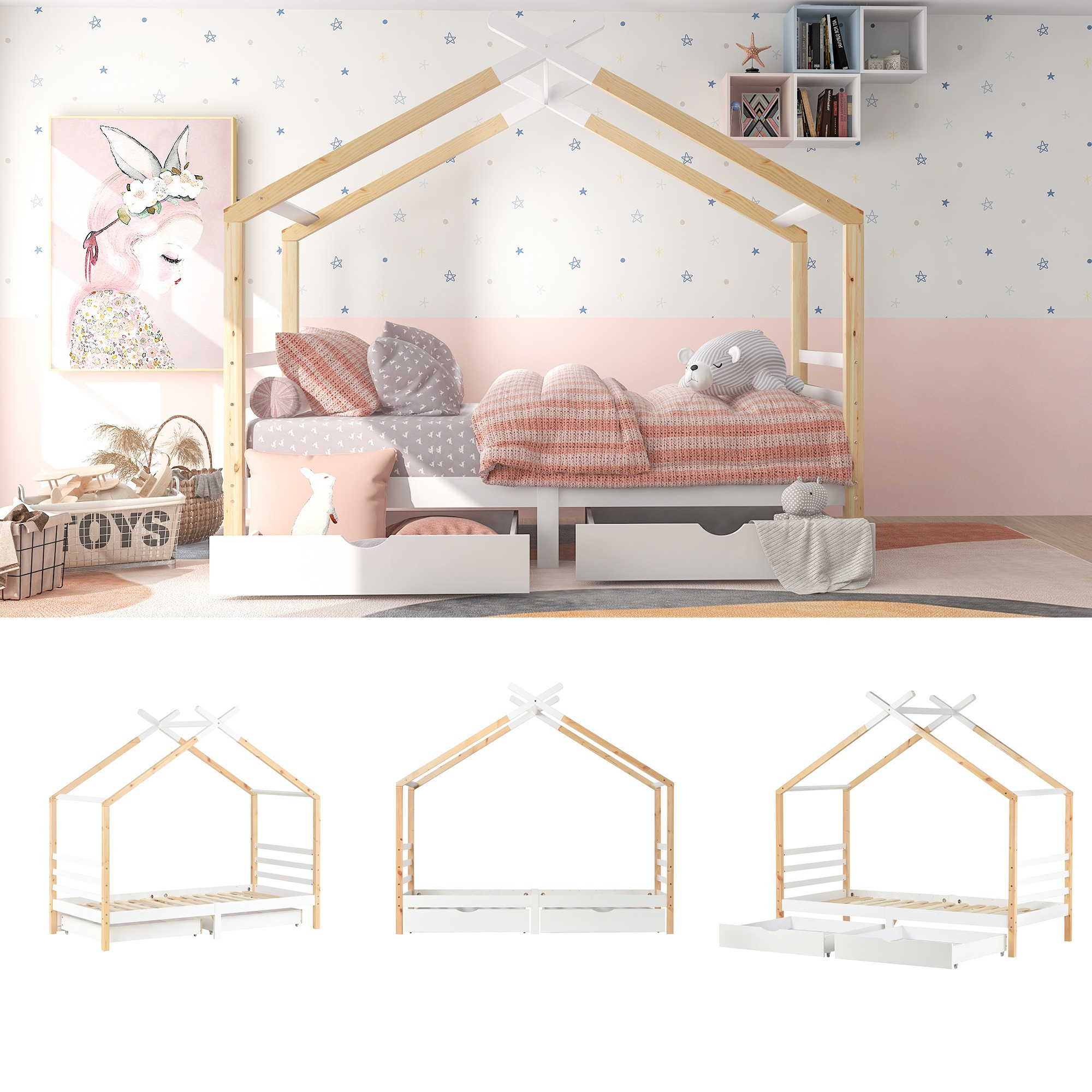 BTM Single Bed Frames Toddler Beds Storage Underneath 3FT Single Bed with Storage Solid Pine Wood House Tree Canopy Bed Toddler Bed (Wood)