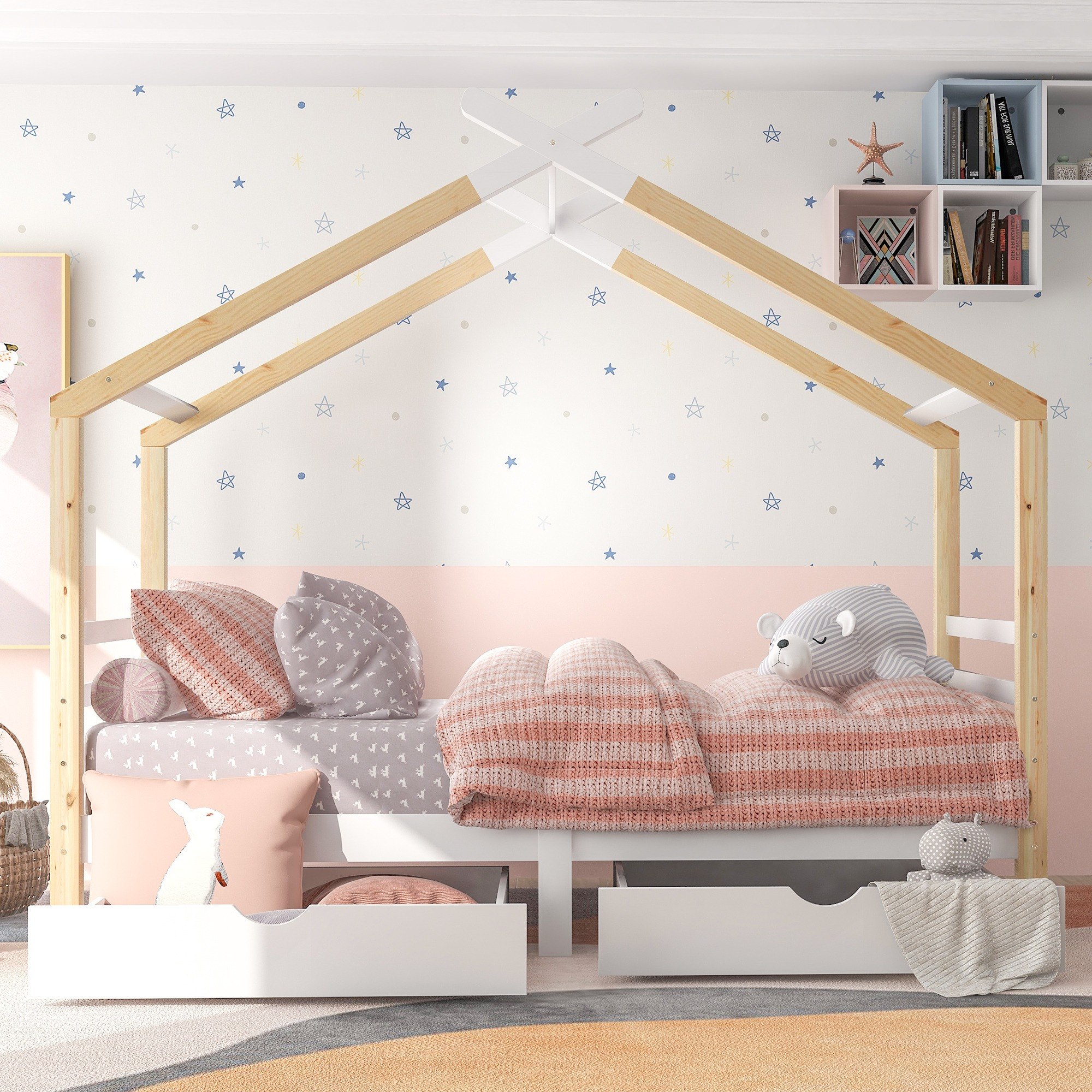 BTM Single Bed Frames Toddler Beds Storage Underneath 3FT Single Bed with Storage Solid Pine Wood House Tree Canopy Bed Toddler Bed (Wood)