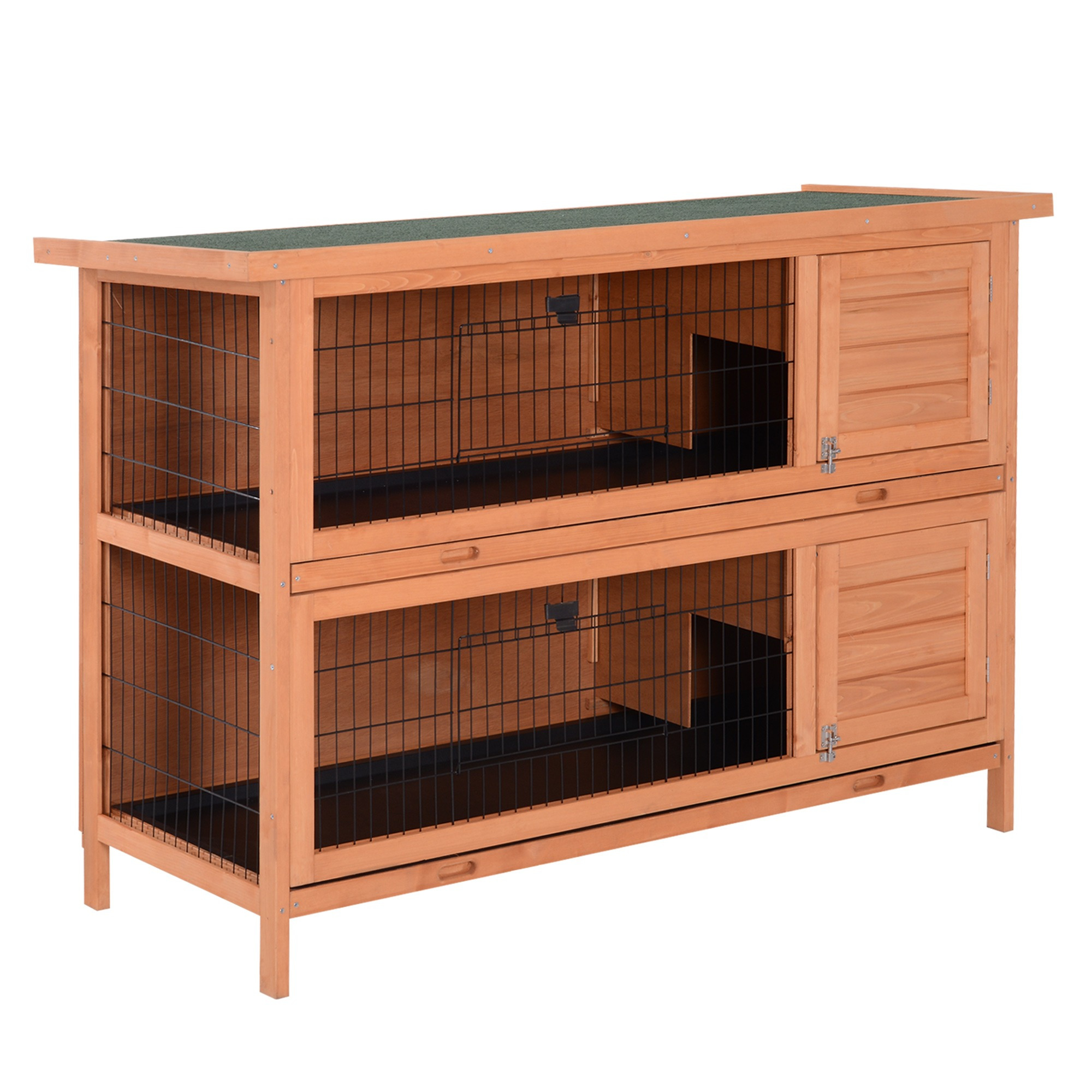 PawHut Rabbit Hopper on Legs Double Level Rabbit Cage with Sliding Droppings Trays 4 Lockable Doors Dim. 137L x 50W x 93H cm Solid Pine Wood Bitumen Green Roof