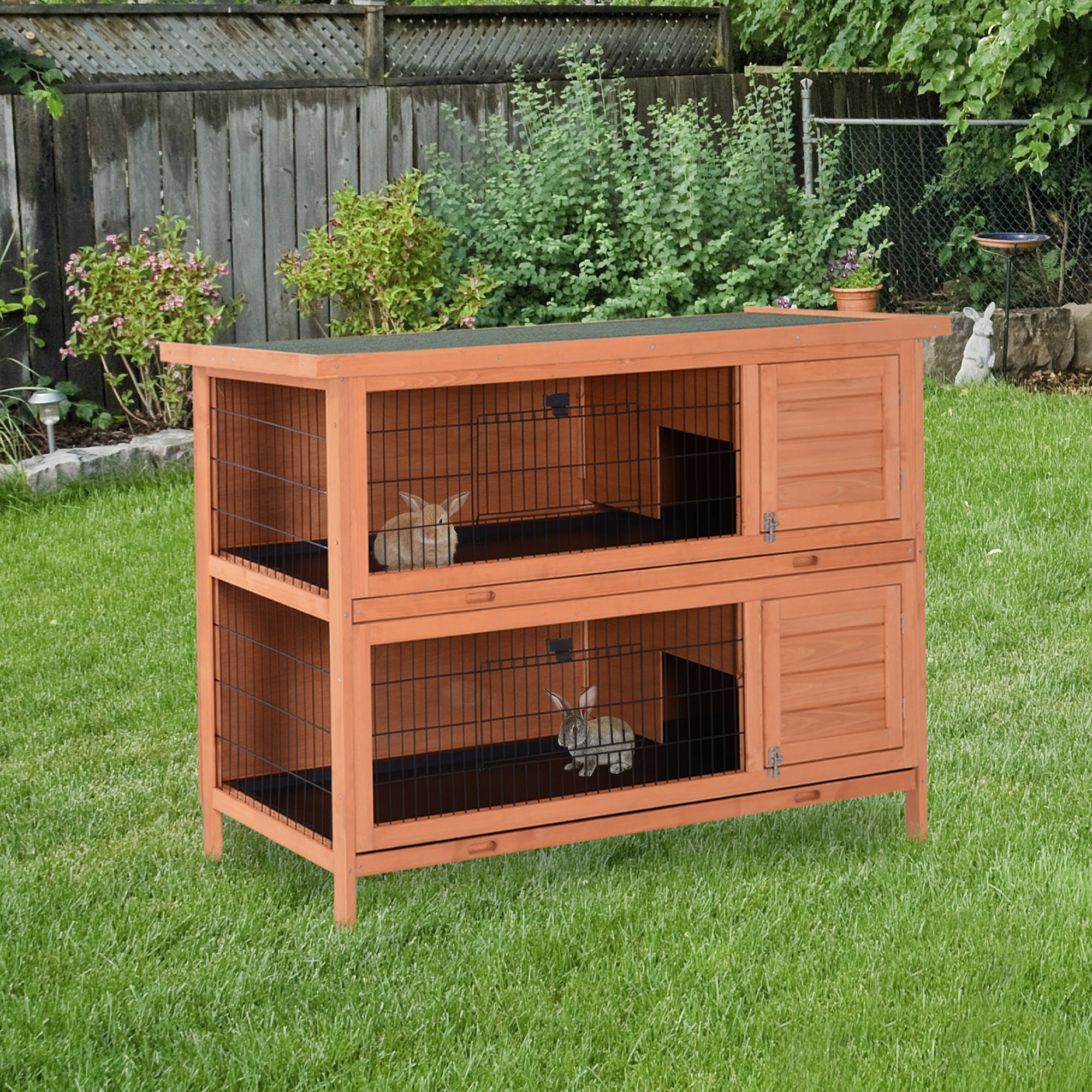 PawHut Rabbit Hopper on Legs Double Level Rabbit Cage with Sliding Droppings Trays 4 Lockable Doors Dim. 137L x 50W x 93H cm Solid Pine Wood Bitumen Green Roof