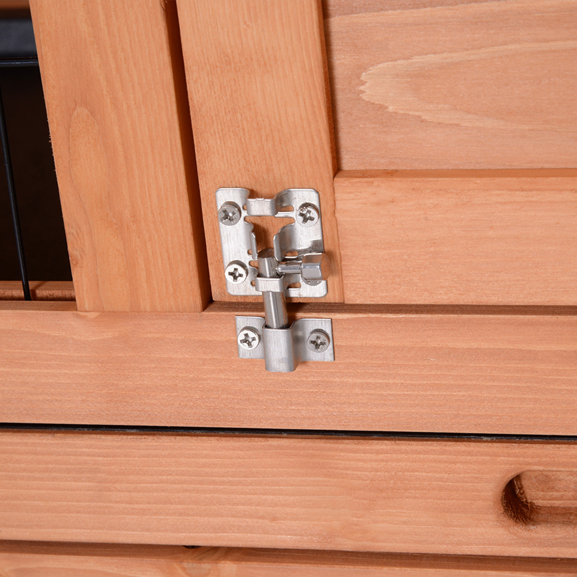 PawHut Rabbit Hopper on Legs Double Level Rabbit Cage with Sliding Droppings Trays 4 Lockable Doors Dim. 137L x 50W x 93H cm Solid Pine Wood Bitumen Green Roof