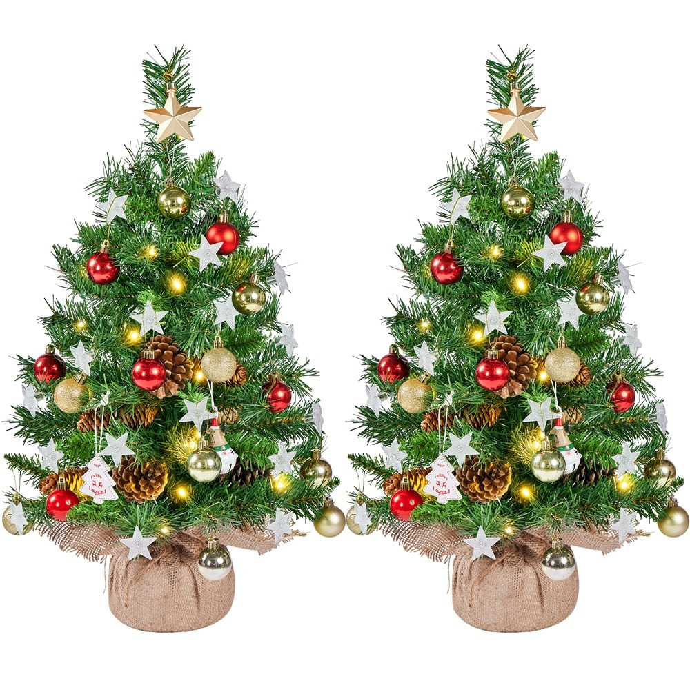 Costoffs 2-piece Set 61 Cm / 92 Cm Mini Artificial Christmas Tree With Warm White Lights & Pine Cones, Small Tabletop Christmas Tree For Holiday Decor