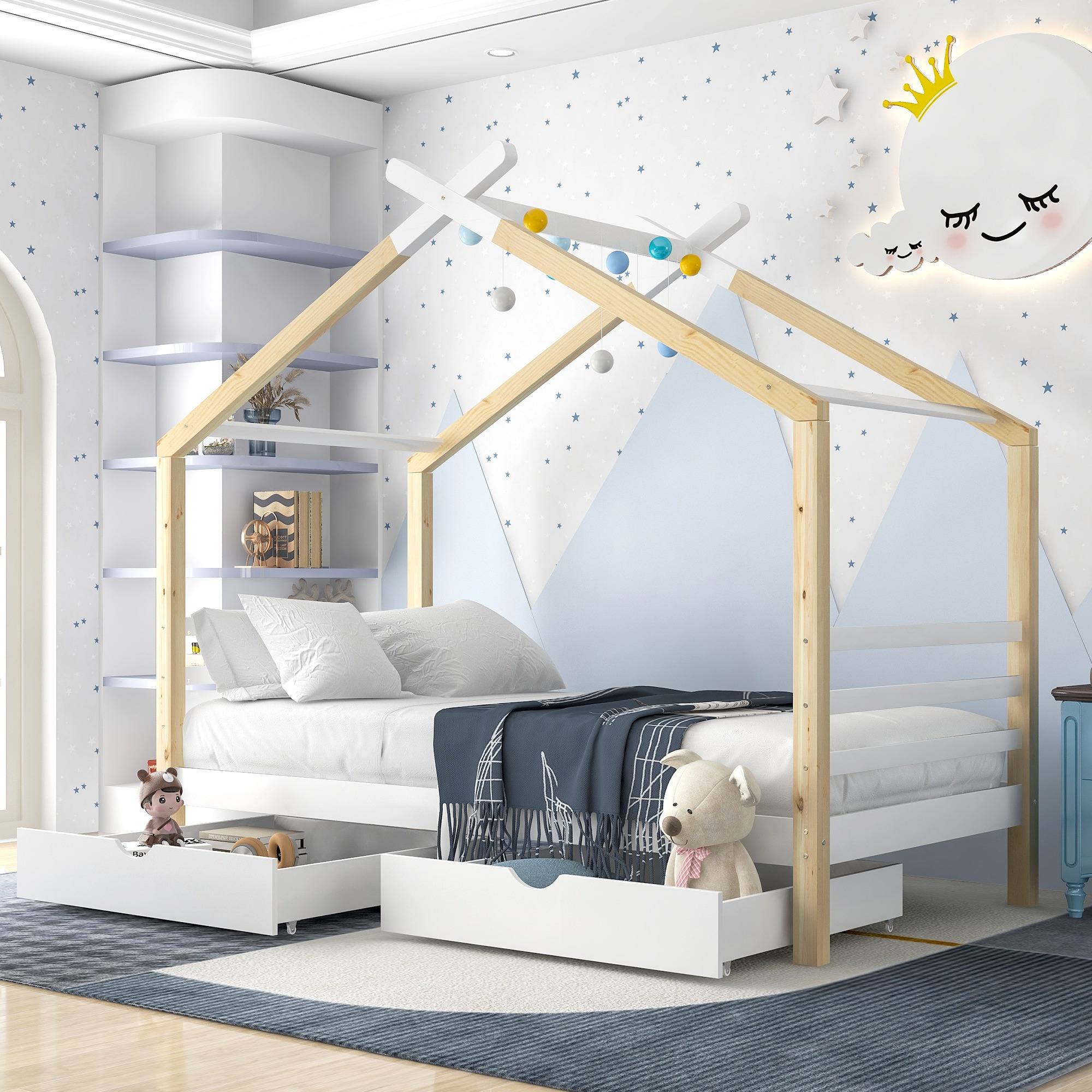BTM Single Bed Frames Toddler Beds Storage Underneath 3FT Single Bed with Storage Solid Pine Wood House Tree Canopy Bed Toddler Bed (Wood)