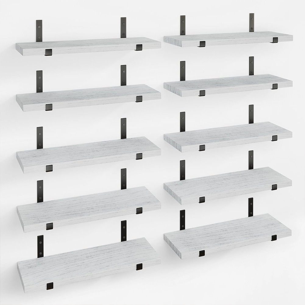 TEMU Bakaji Set Of 10 Floating Wooden Wall Shelves, Wall Shelving With Metal Brackets, Ideal For Bedroom, Living Room, Kitchen, Bathroom, Bookcase,
