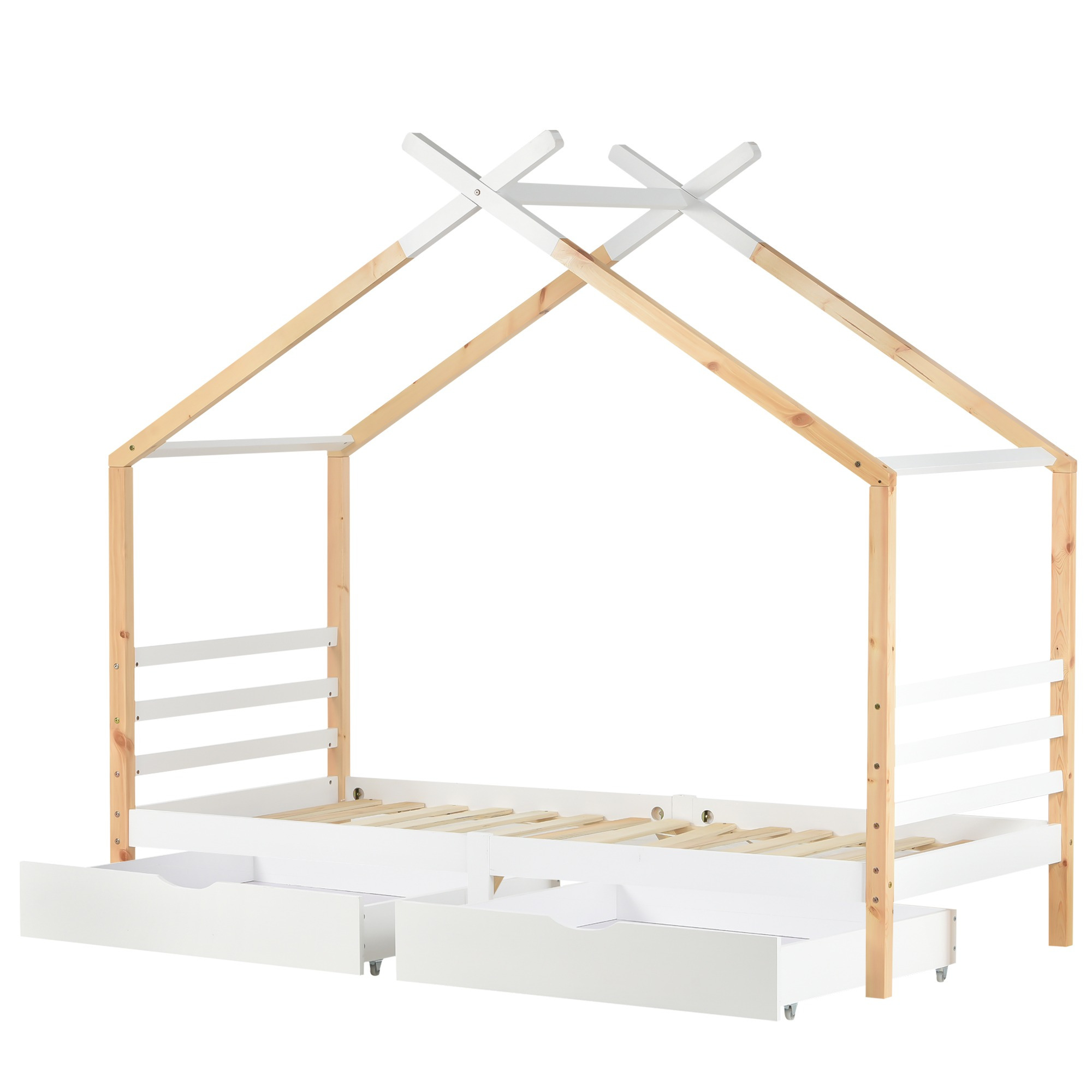 BTM Single Bed Frames Toddler Beds Storage Underneath 3FT Single Bed with Storage Solid Pine Wood House Tree Canopy Bed Toddler Bed (Wood)