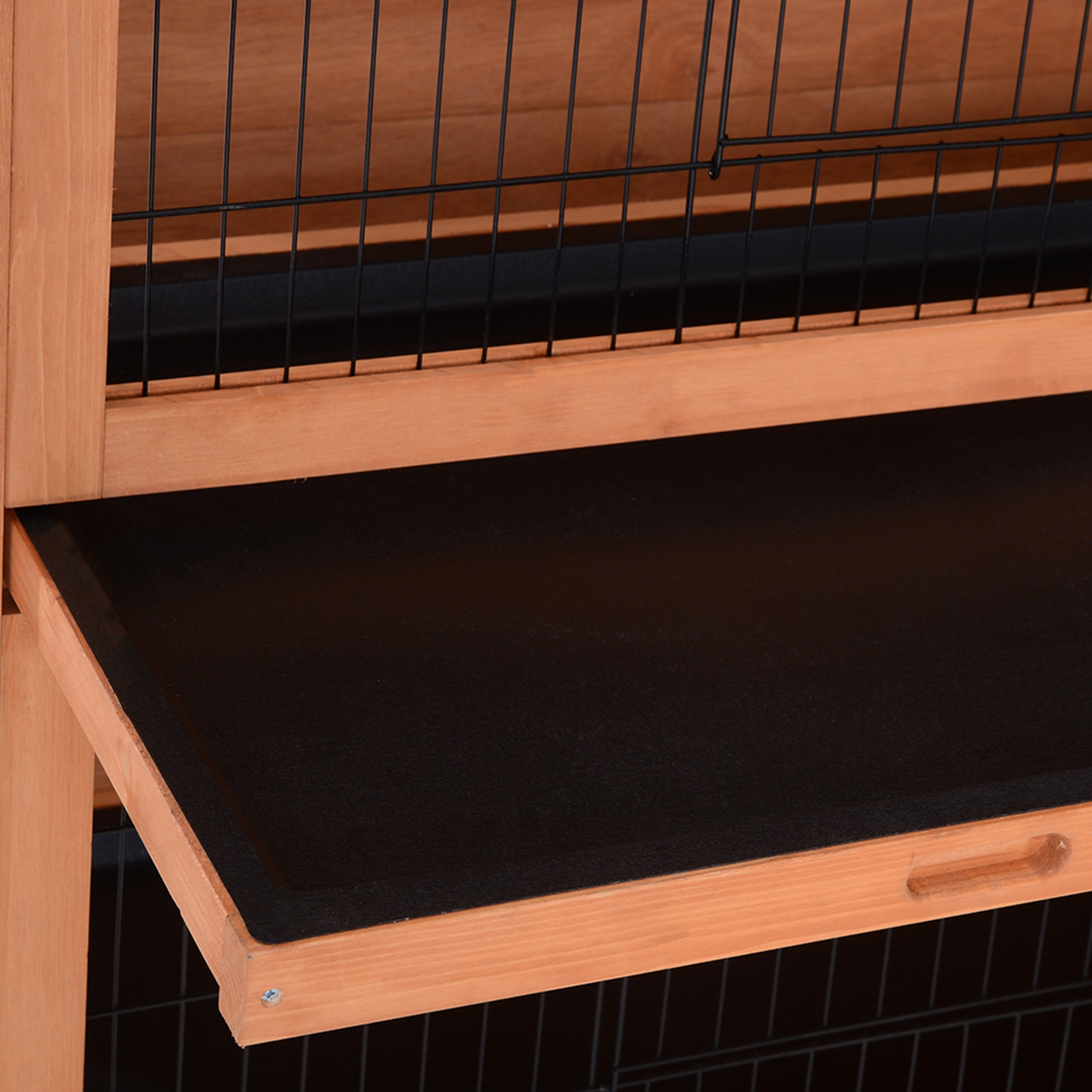 PawHut Rabbit Hopper on Legs Double Level Rabbit Cage with Sliding Droppings Trays 4 Lockable Doors Dim. 137L x 50W x 93H cm Solid Pine Wood Bitumen Green Roof