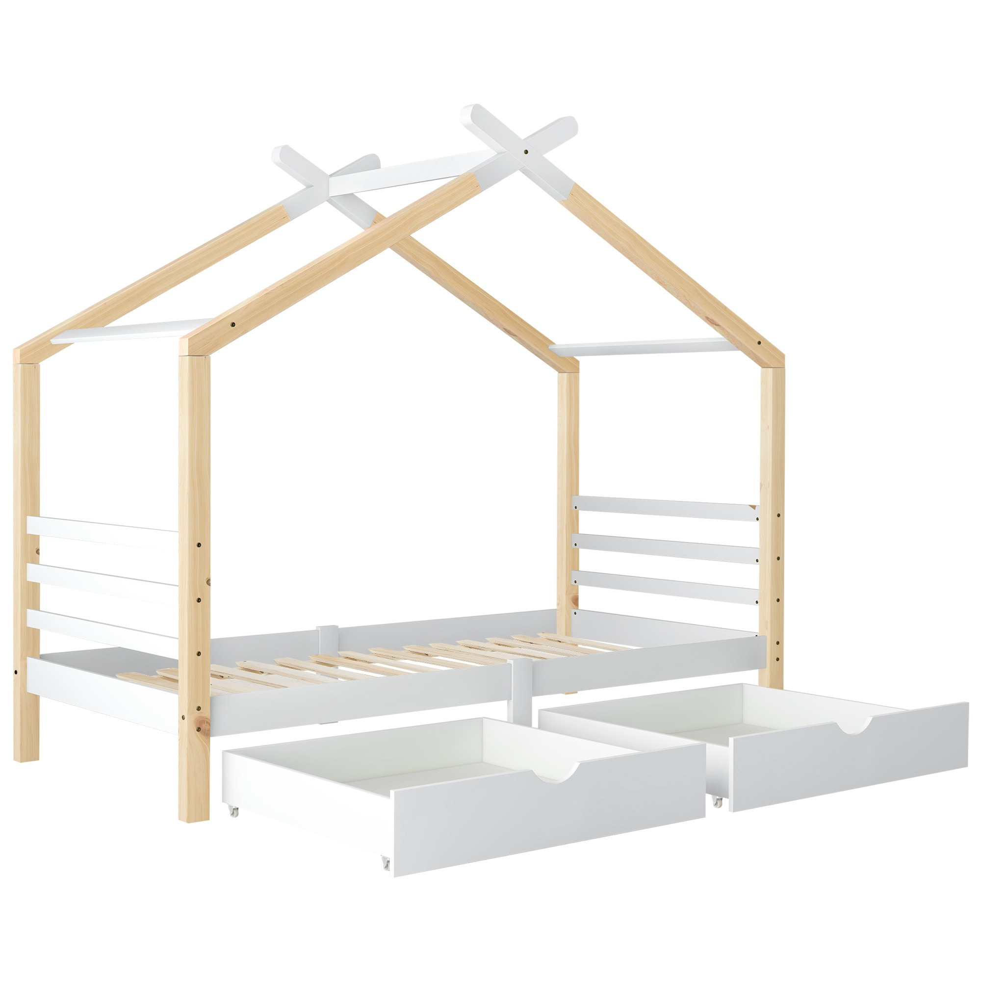 BTM Single Bed Frames Toddler Beds Storage Underneath 3FT Single Bed with Storage Solid Pine Wood House Tree Canopy Bed Toddler Bed (Wood)