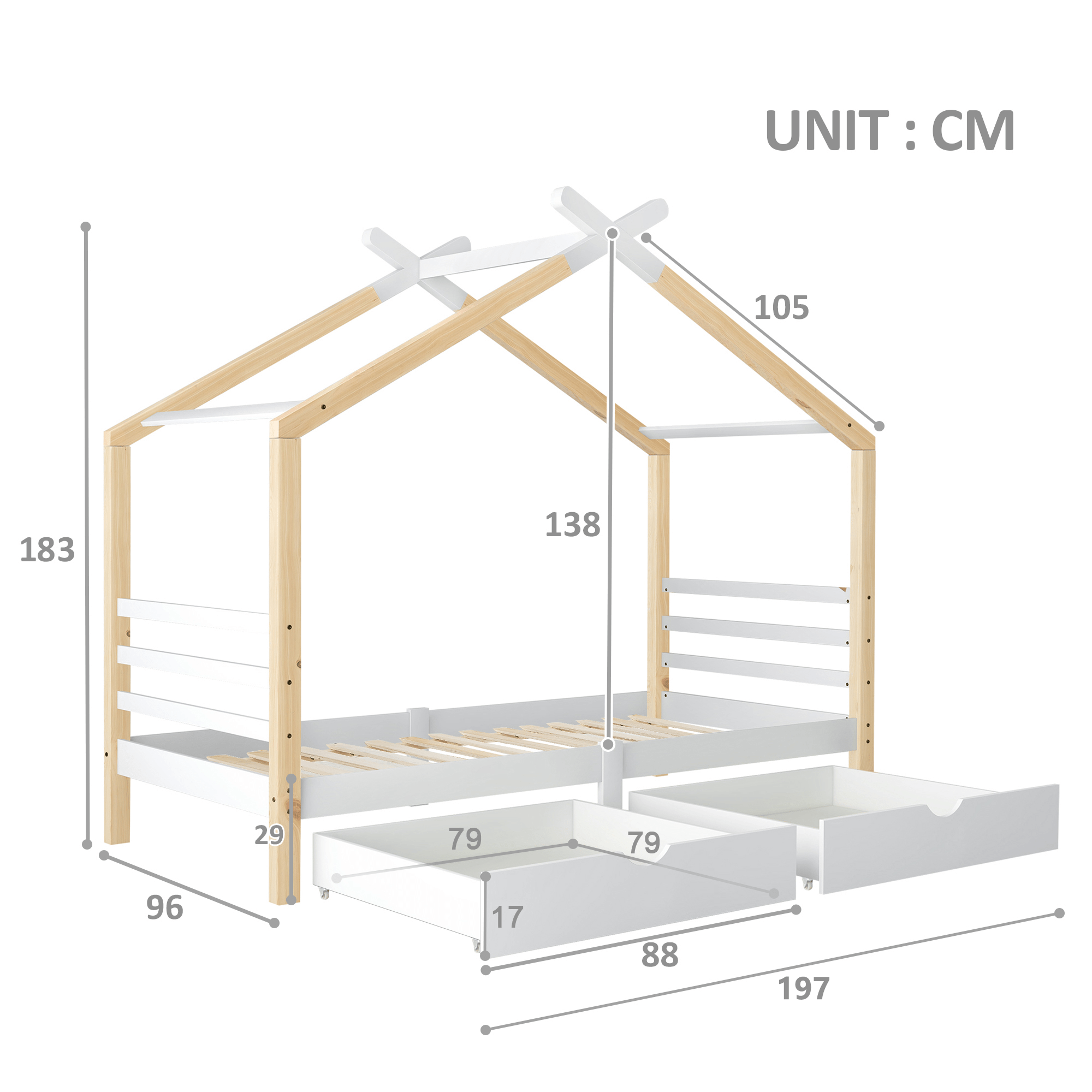 BTM Single Bed Frames Toddler Beds Storage Underneath 3FT Single Bed with Storage Solid Pine Wood House Tree Canopy Bed Toddler Bed (Wood)