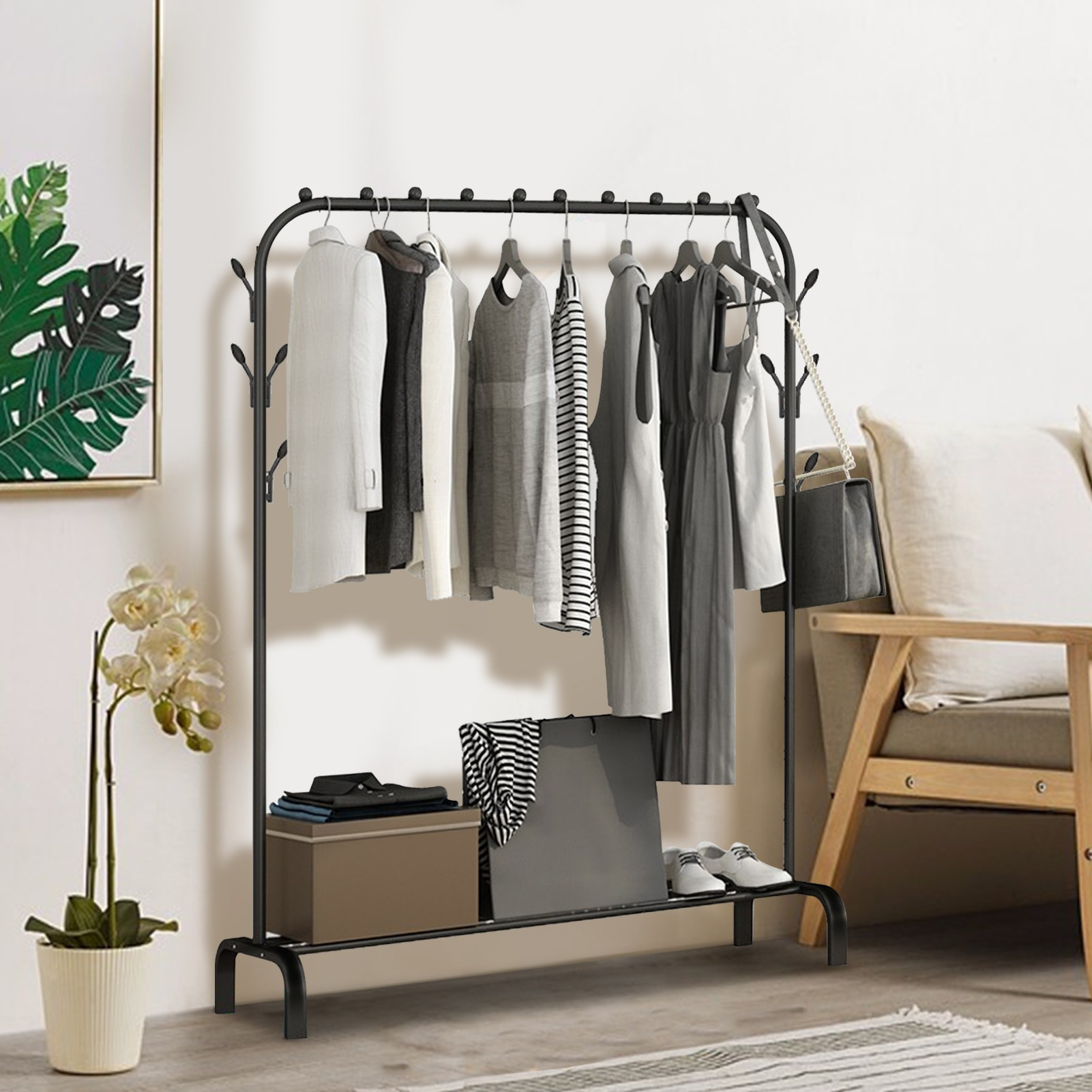 Clothes Stand Freestanding Clothes Hanger Drying Rack Metal Bedroom Clothes Rail With Bottom Storage Rack Shoe Rack Coat Stand For Bedroom