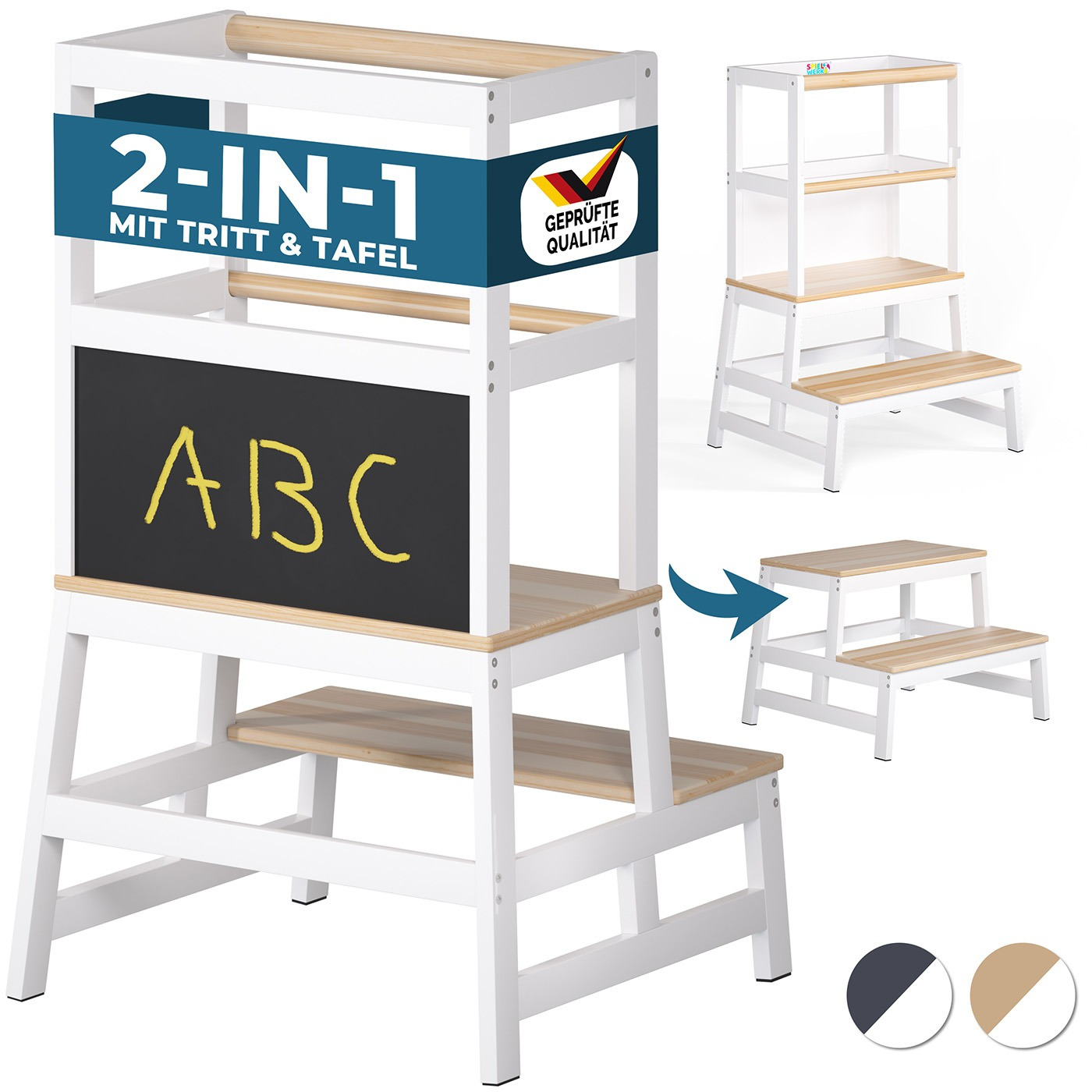 TEMU ® de Apendizaje para Niños Taburete Infantil 2en1 Madera de Pino Anti Pizarra Ayudante Cocina Antideslizante
