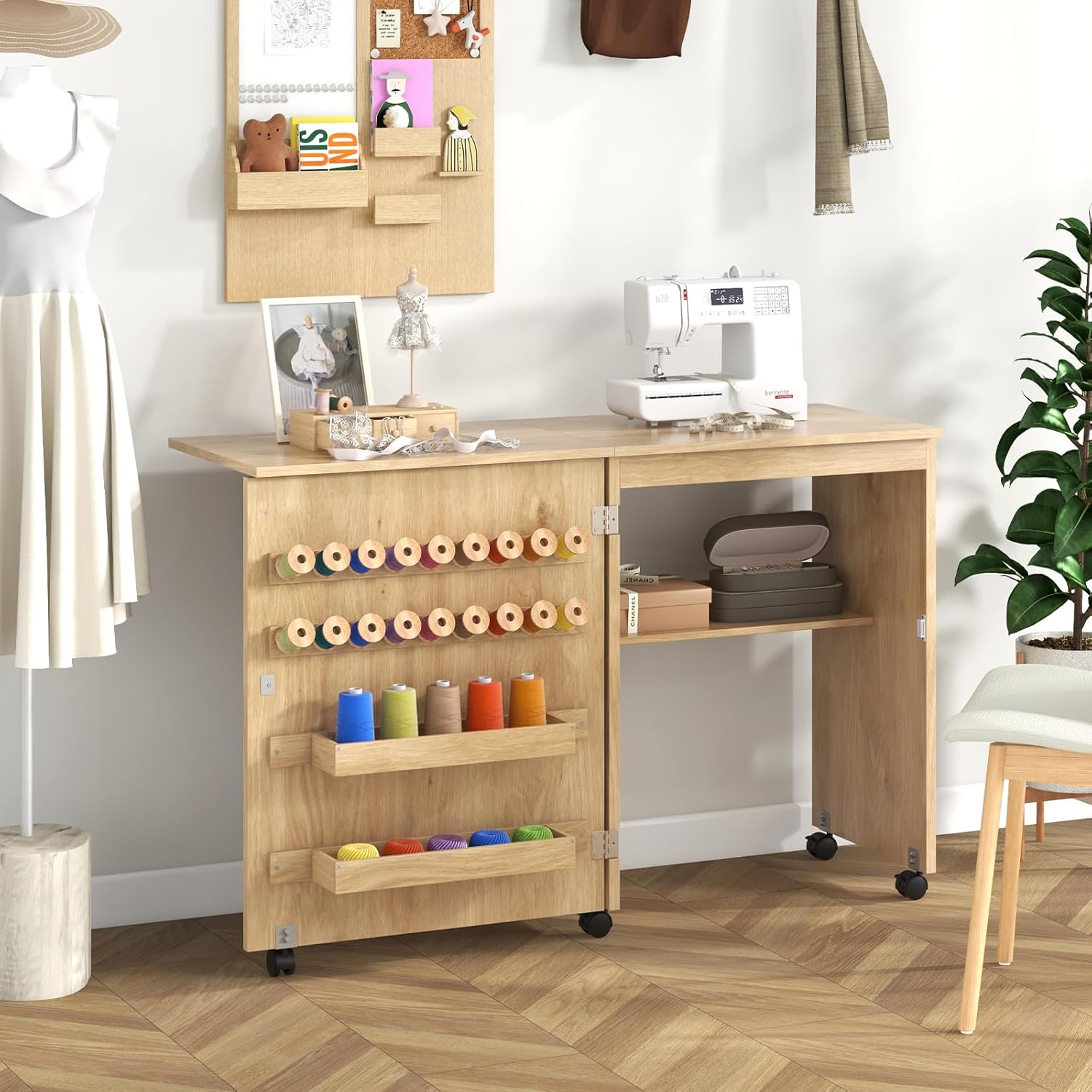 2 in 1 foldable sewing cabinet and desk multipurpose craft station   surface 2 trays 18 clips barn door and 5 lockable casters for small spaces brown