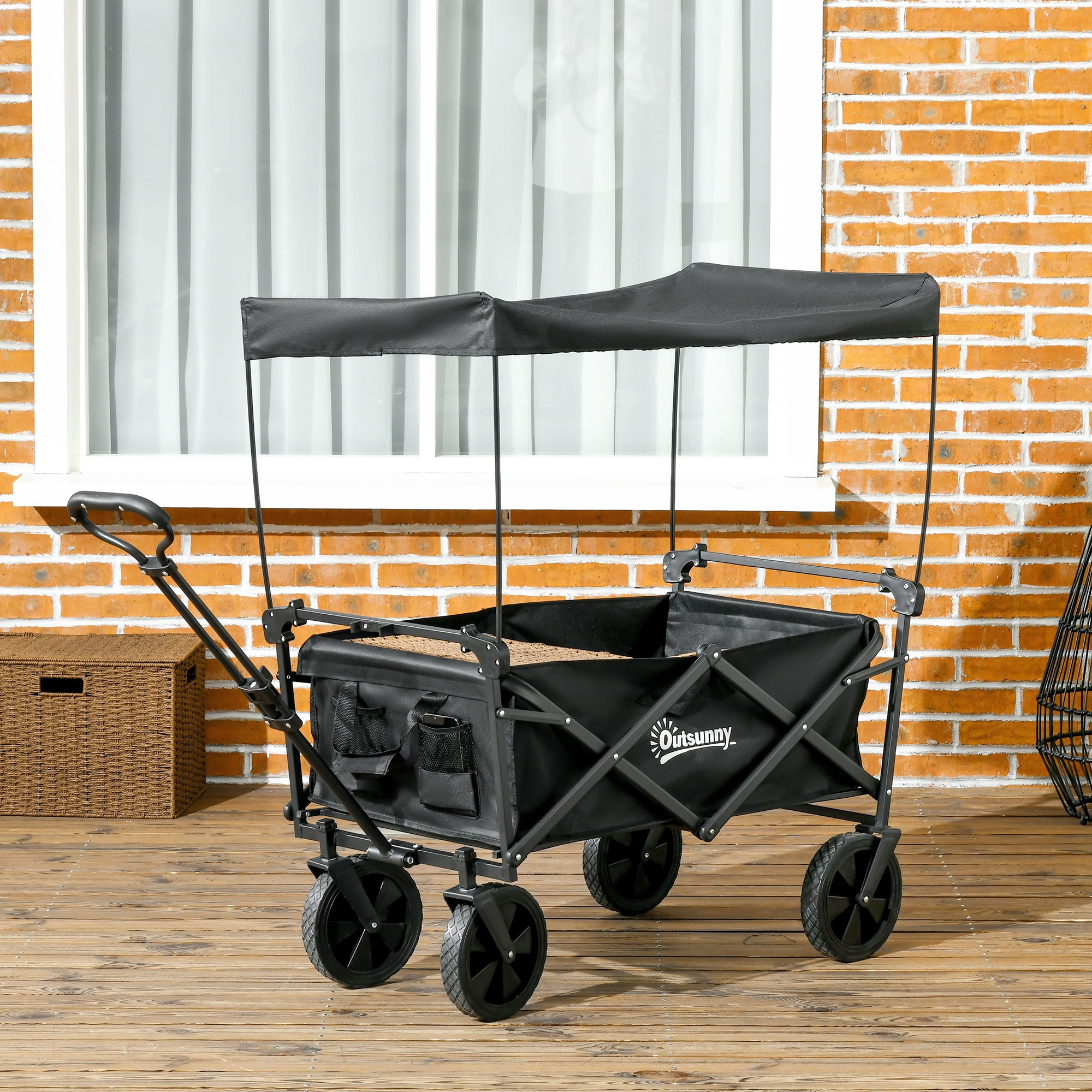 Outsunny Foldable Handcart, Transport Cart With Sunshade, Handcart With Handle, Garden Cart With Carrying Bag, Load Capacity Up To Kg, Oxford, Black