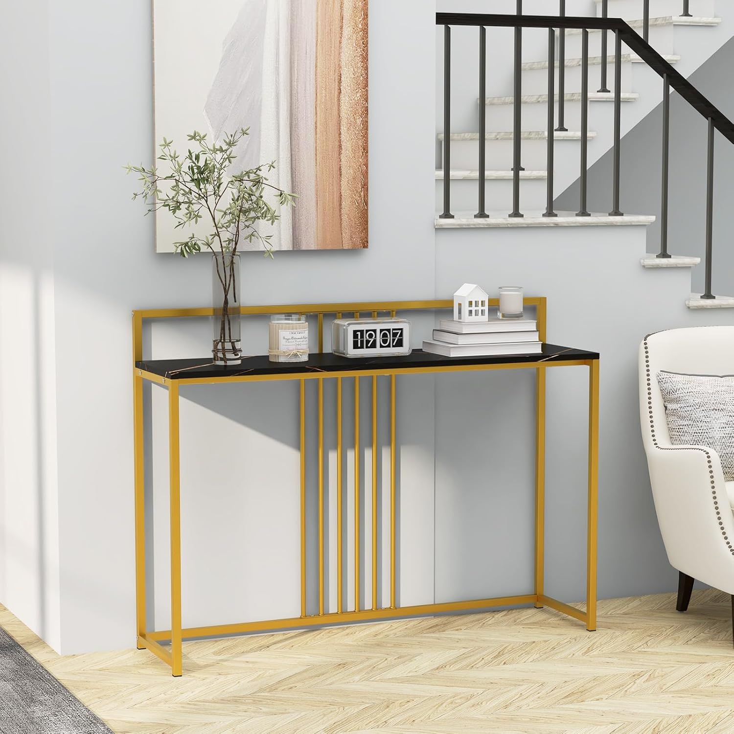 Console Table With Marble Look, Side Table Gold, Modern Hall Table, Metal Frame, Wooden Entrance Table 120 X 32.5 X 88cm Black