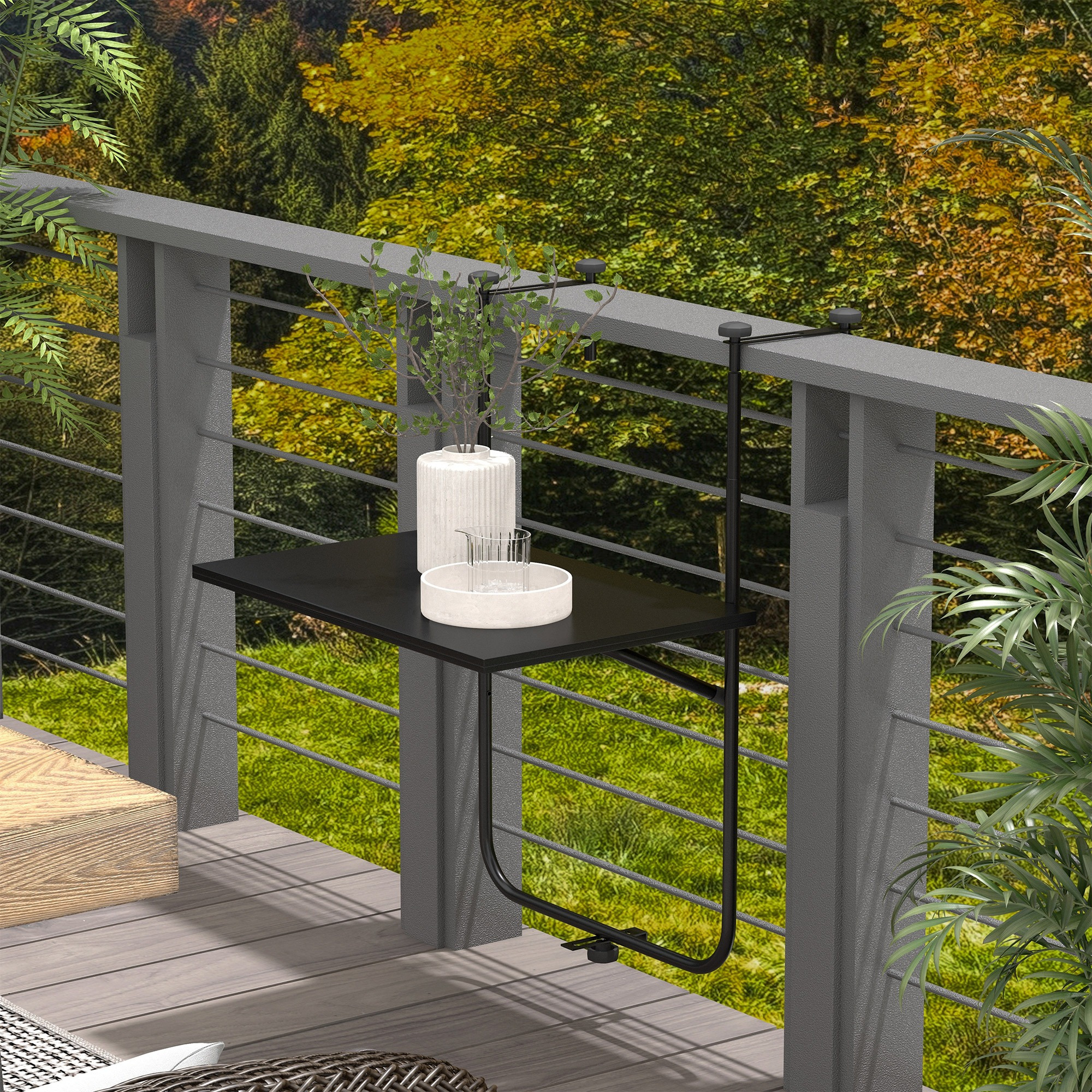 Balcony Table For Hanging, Foldable Hanging Table, 3-fold Height Adjustable Balcony Hanging Table, Loadable Up To 15 Kg, For Garden, Metal, 62 X 60 Cm, Black