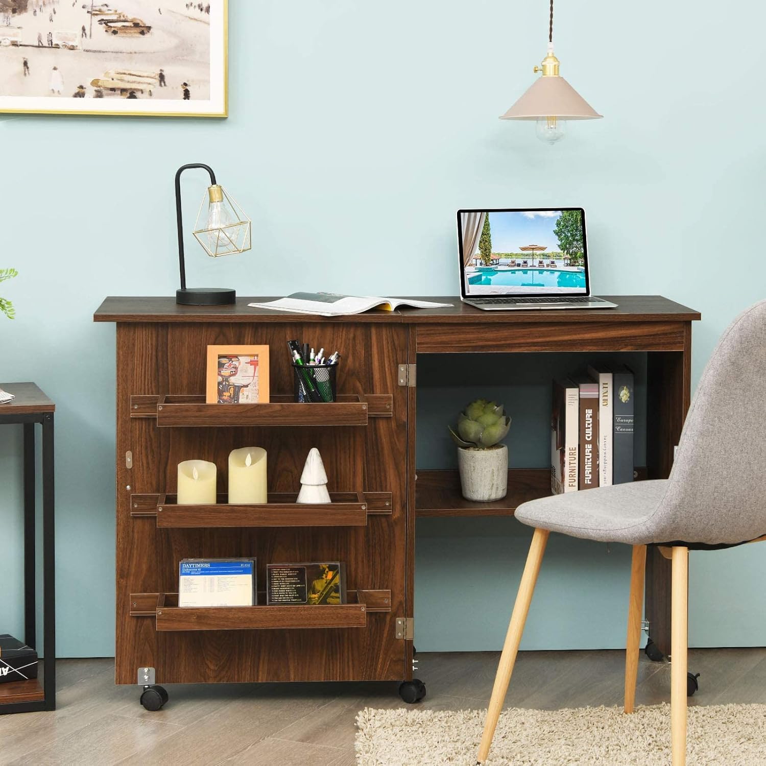 2 in 1 foldable sewing cabinet and desk wooden sewing table with 3 shelves for spools and lockable wheels sewing machine cabinet for living room bedroom and  