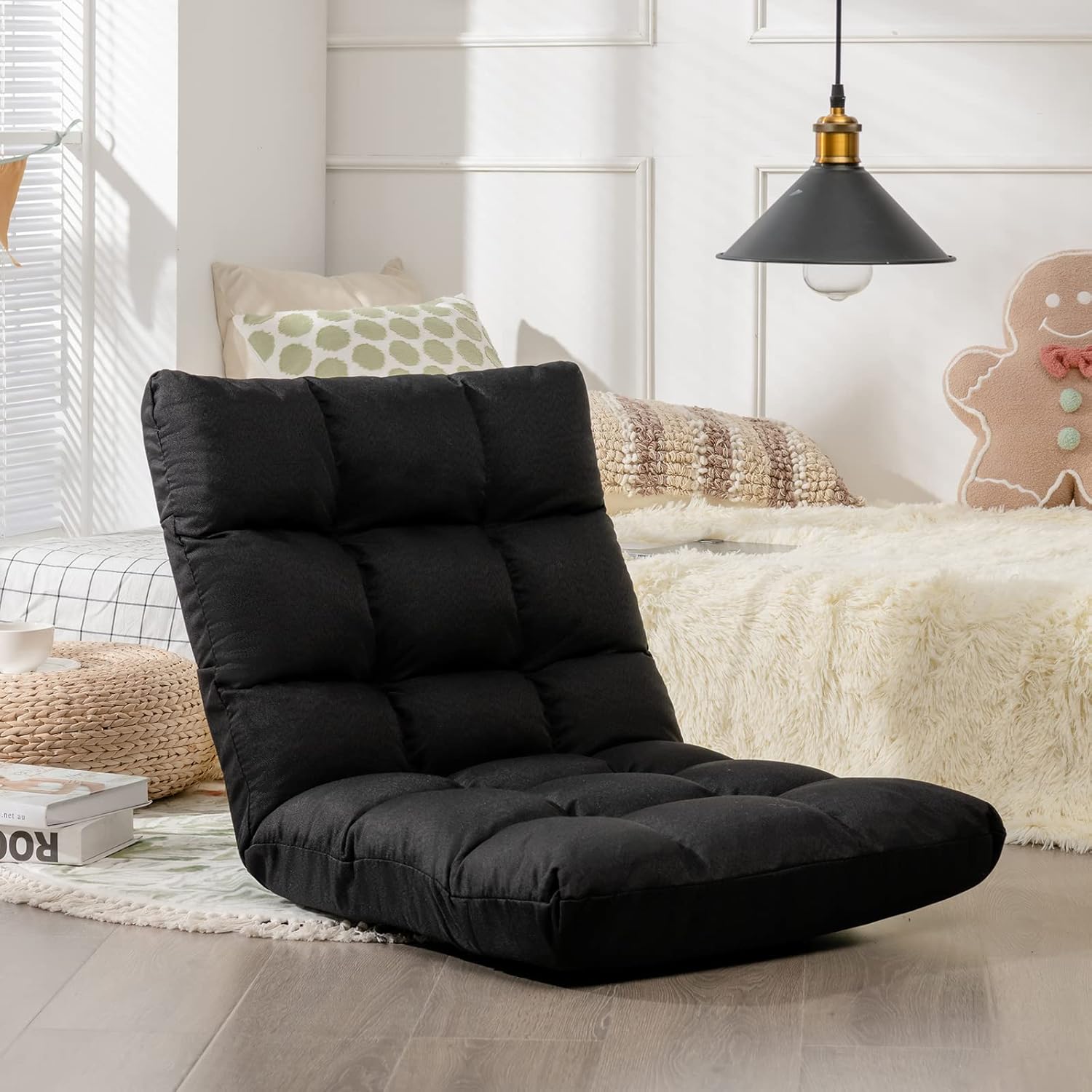 Adjustable Floor Chair, Upholstered Floor Armchair, Floor Cushion With Backrest, Meditation Chair Window Chair Black