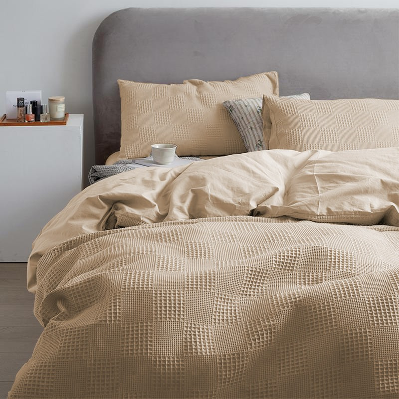 Waffle Bedding 3pcs Khaki Waffle Reversible Bedding Set Waffle Optics Geometric Pattern Elegant Solid-colored Bed Sheet Soft Microfiber Bedding Sets With Zipper And 2 Pillowcases 80x80cm