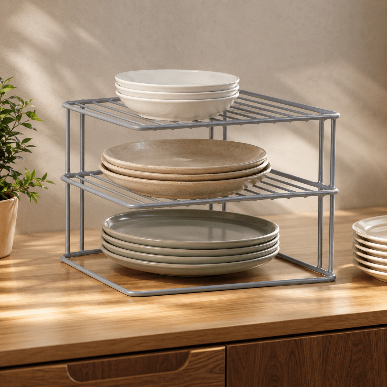 TEMU 3 Tier Grey Corner Plate Rack, Kitchen Cupboard Shelf Organiser For Plates, Bowls And Kitchen Storage
