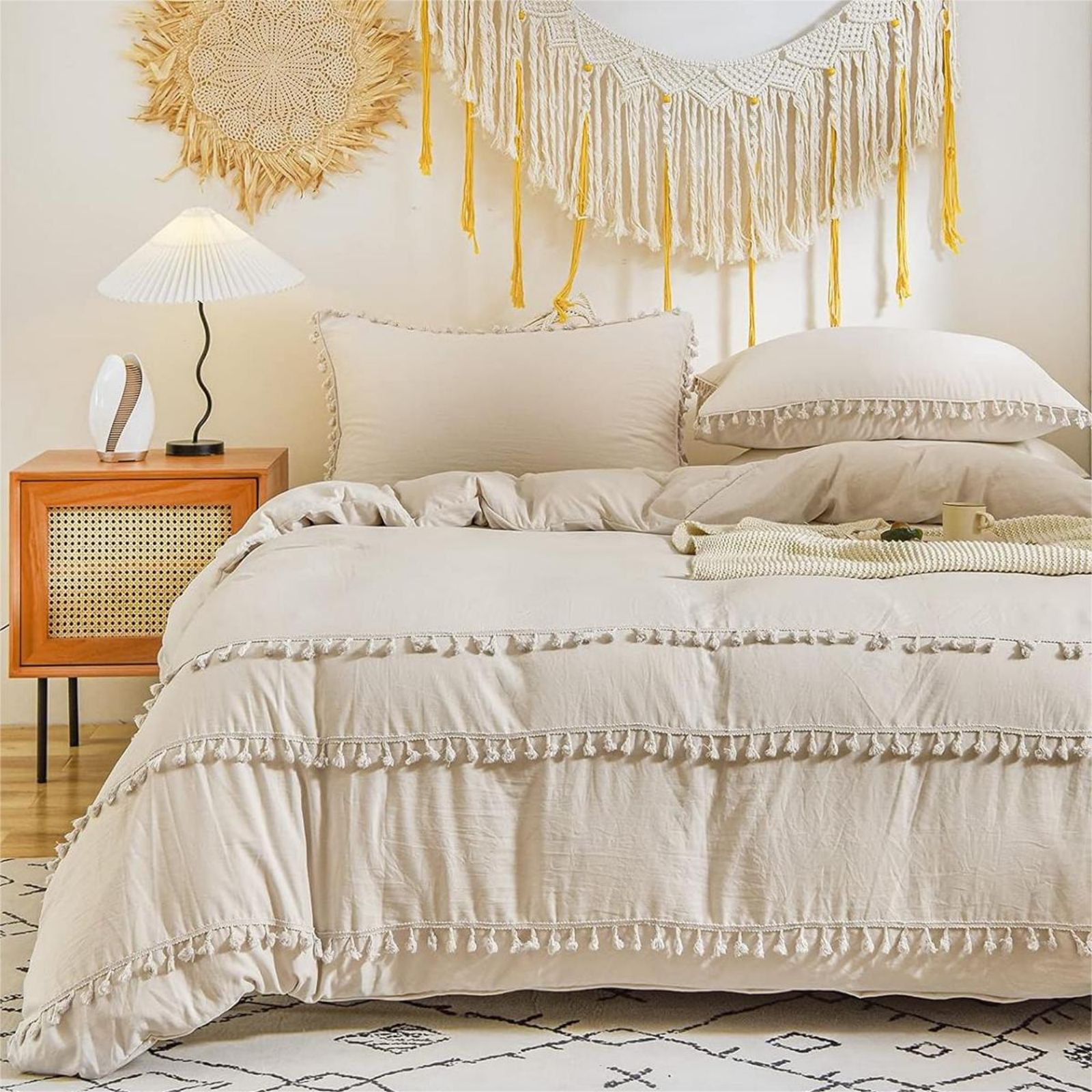 

Bohemian Bedding Beige Tassel Fringe Boho Chic Bedding Washed Microfiber Bedding Sets Bohemian Luxury Girls Duvet Cover With Zipper And Pillowcase 80x80cm