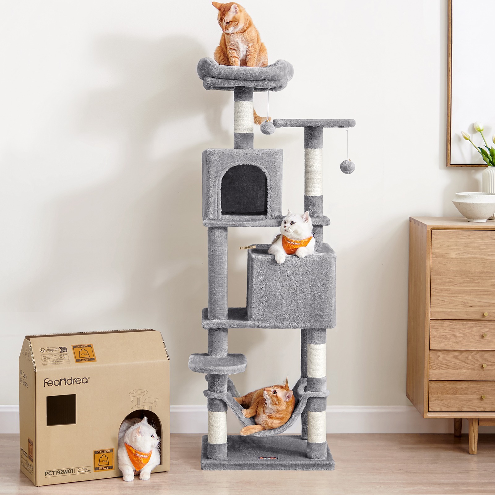 

Songmics Home Cat Tree, 155 Cm High, Cat Tree With 5 Scratching Posts, 2 Platforms, 2 Cat Caves, , 2 Plush Balls, Plush, Multi-level Design, Light Grey